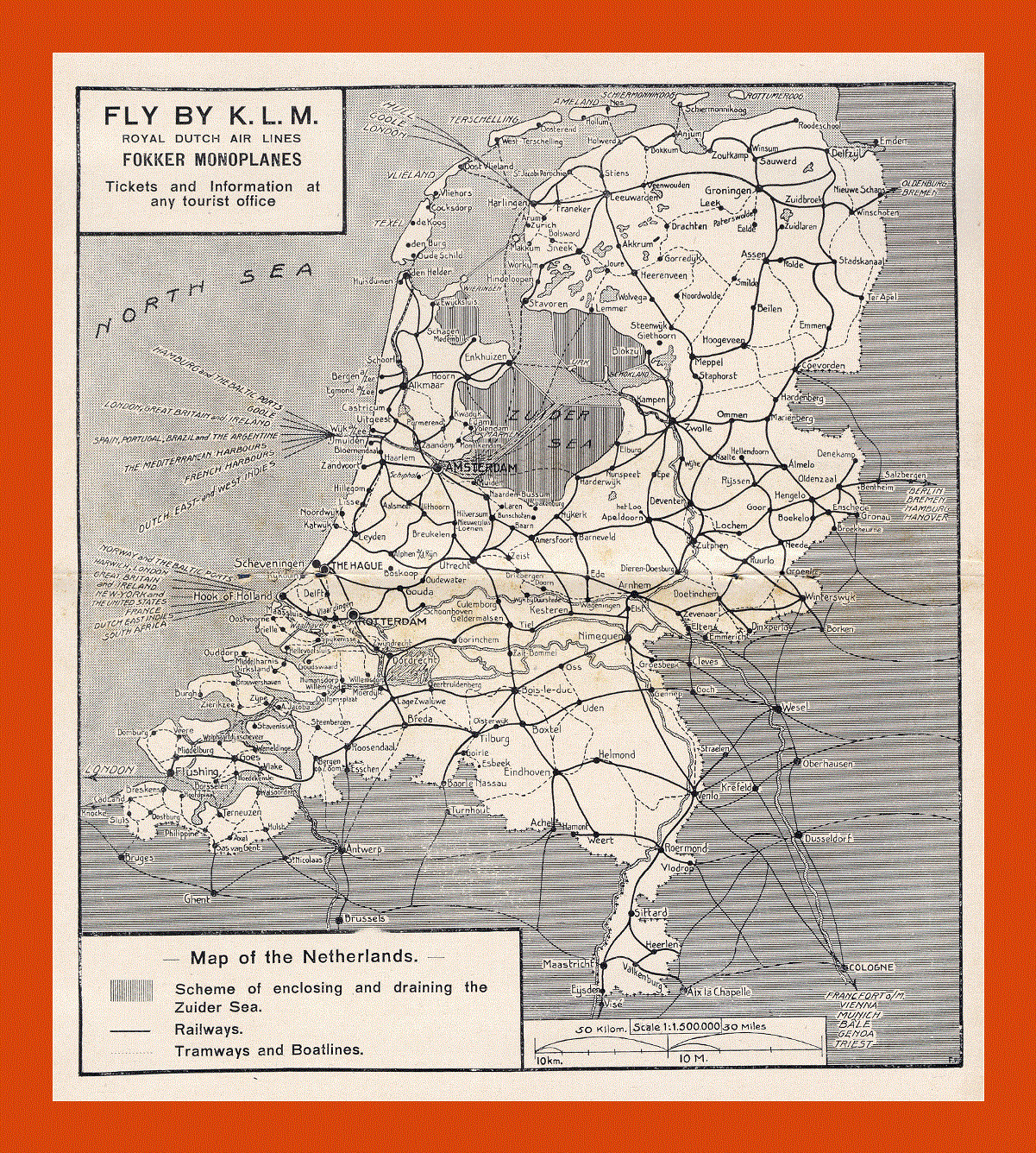 Old railways map of Netherlands - 1929