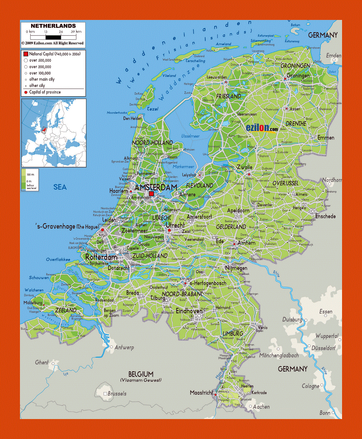 Physical map of Netherlands