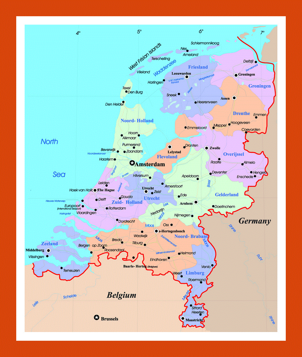 Political and administrative map of Netherlands (Holland)