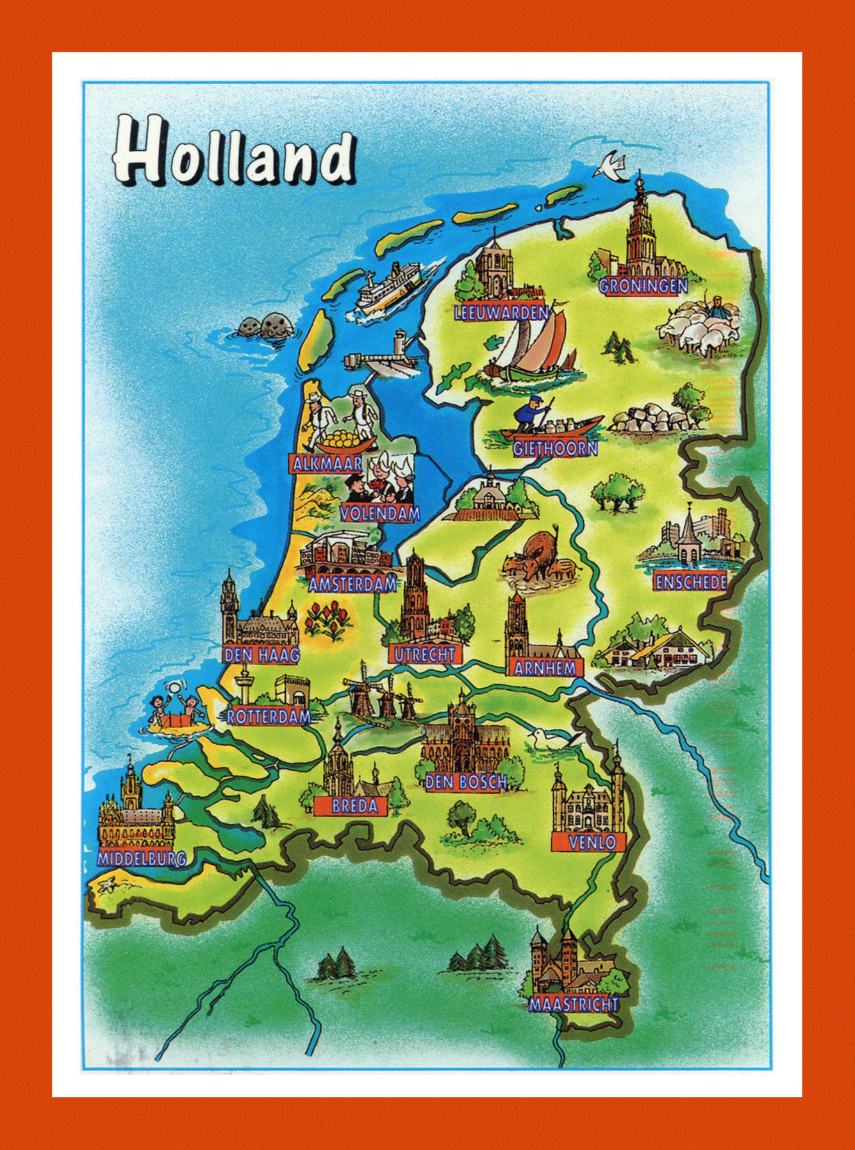 Tourist illustrated map of Netherlands (Holland)