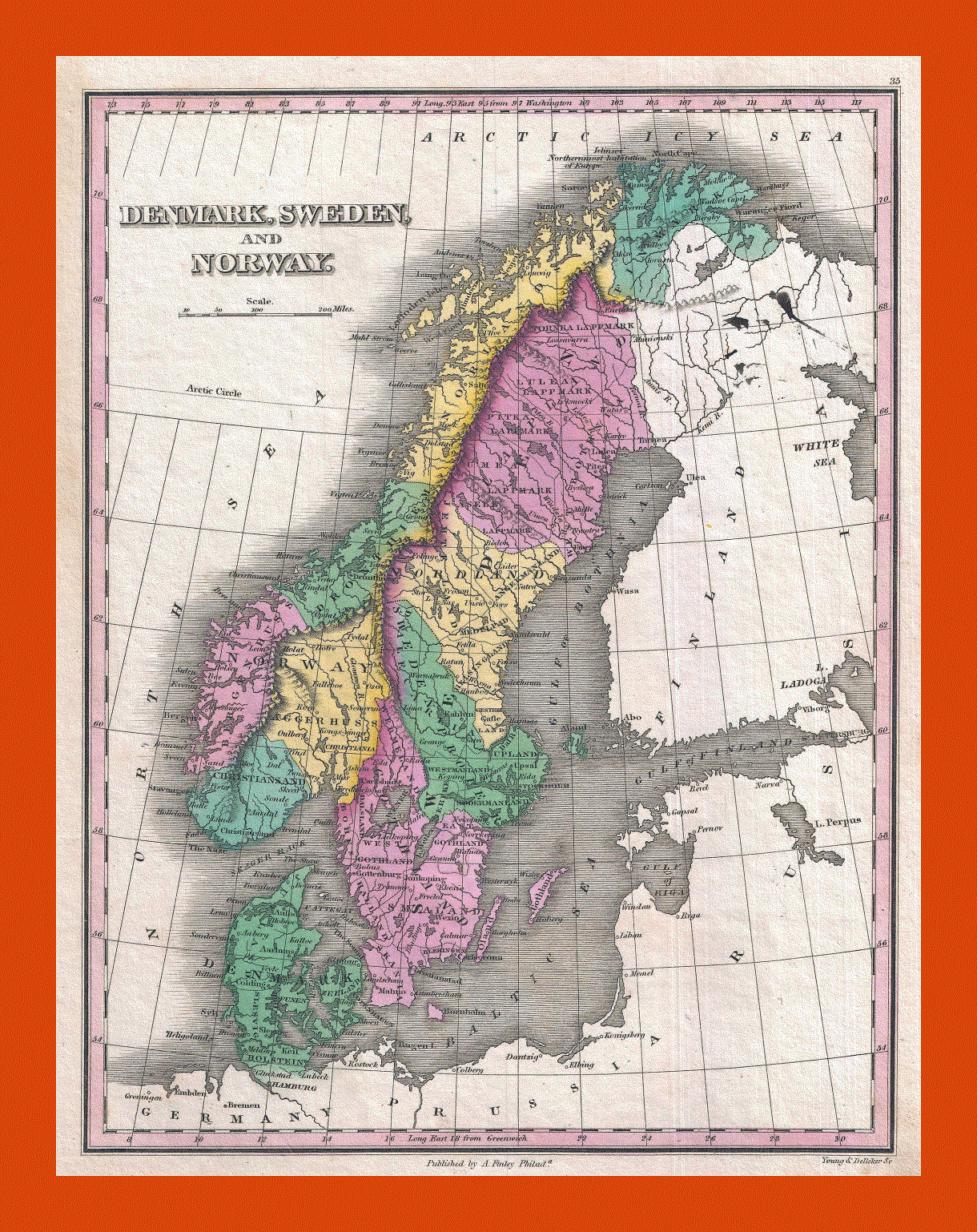Old political and administrative map of Denmark, Sweden and Norway - 1827