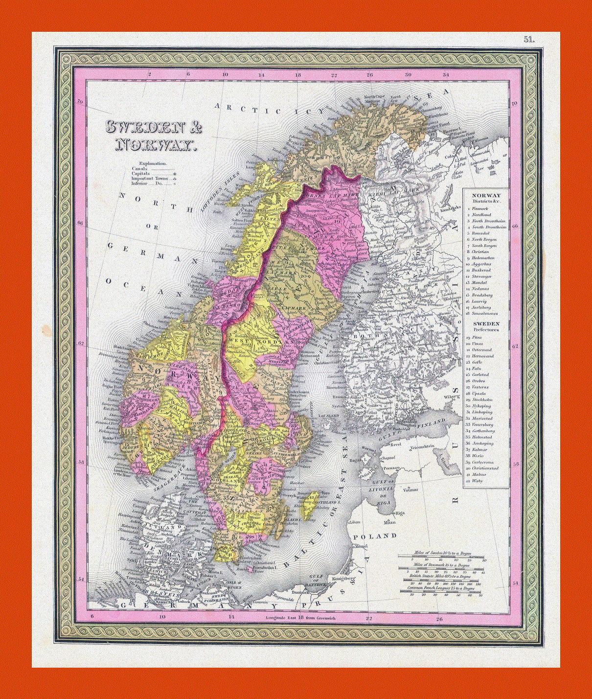 Old political and administrative map of Sweden and Norway - 1850