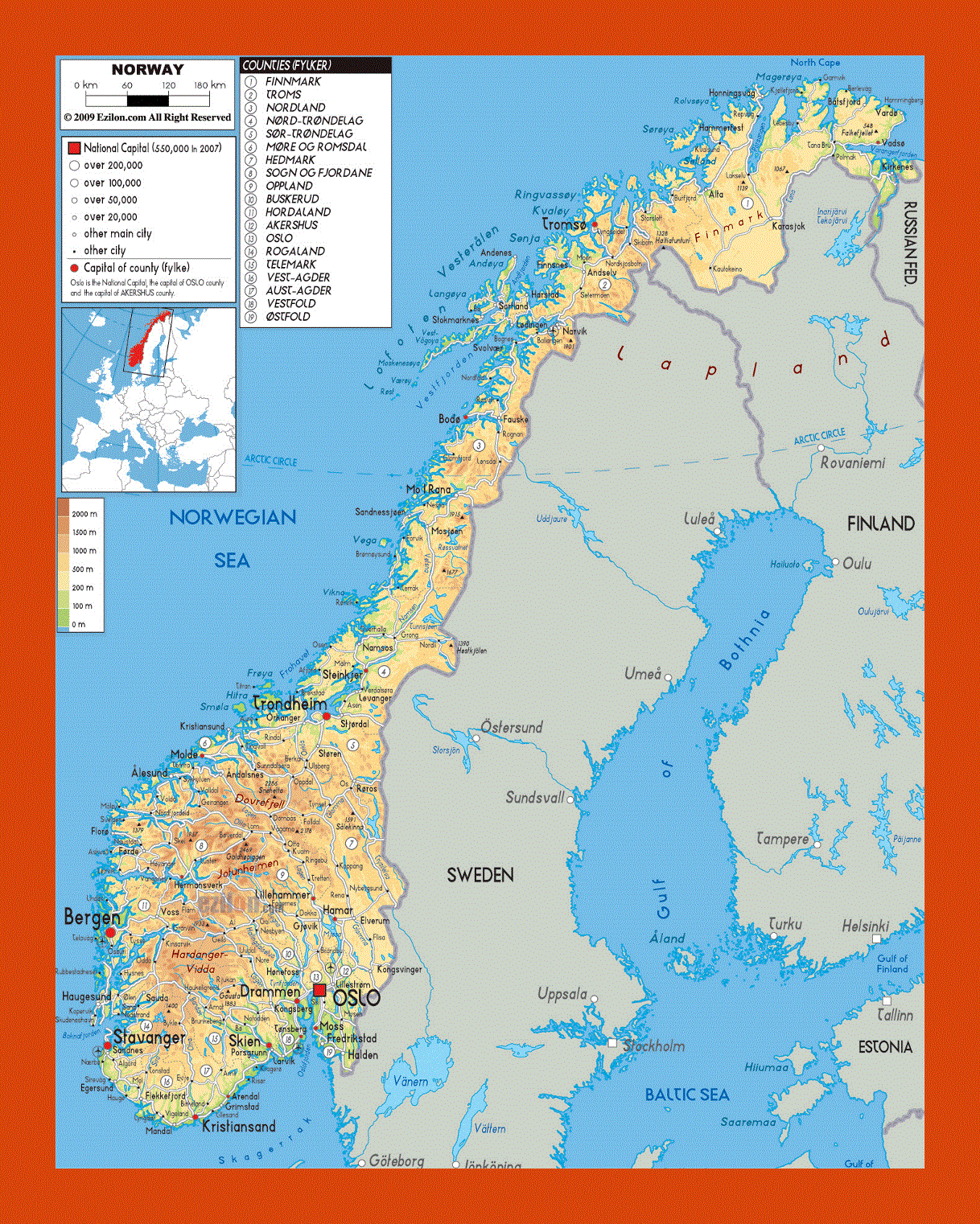 Physical map of Norway