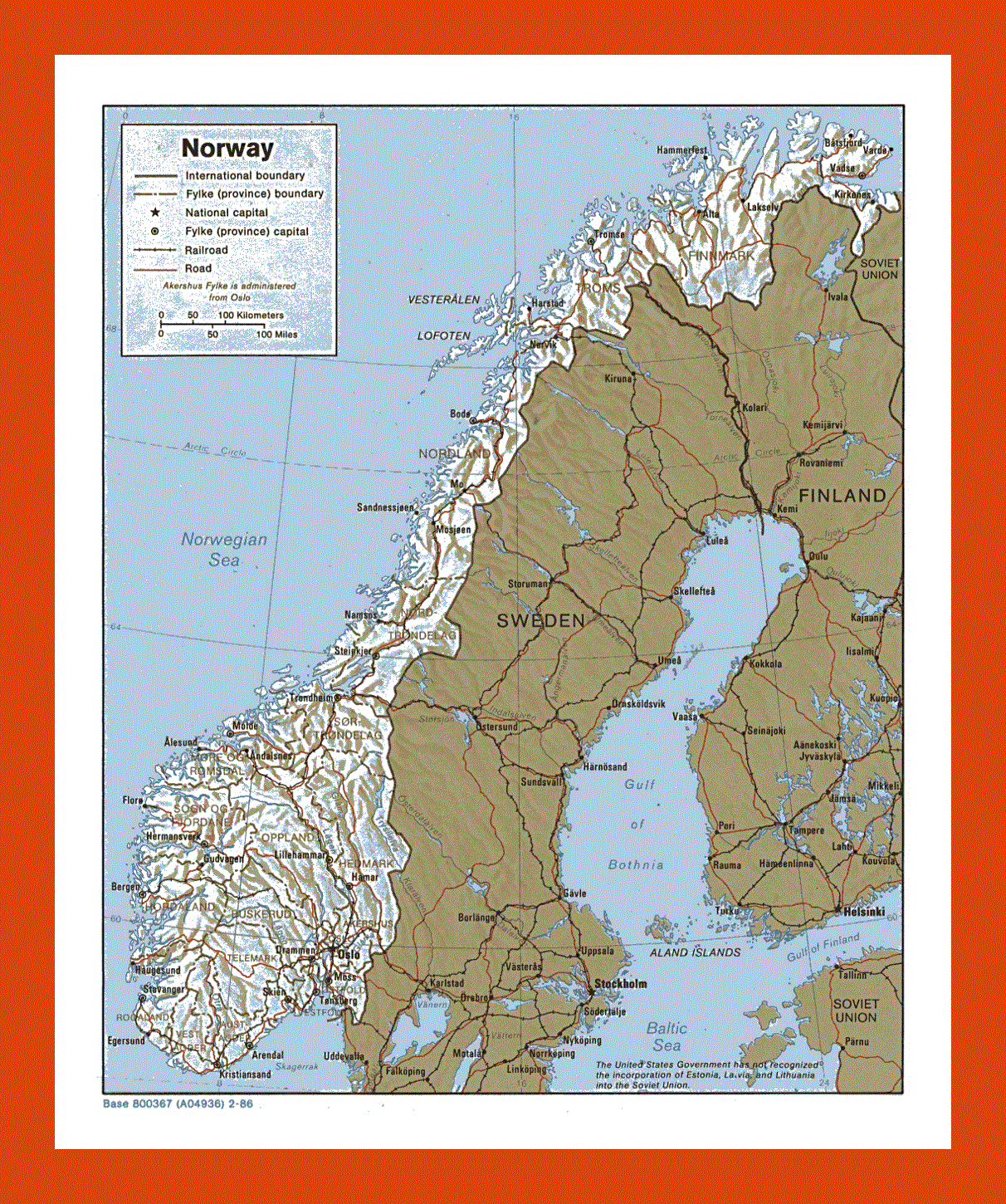 Political and administrative map of Norway - 1986