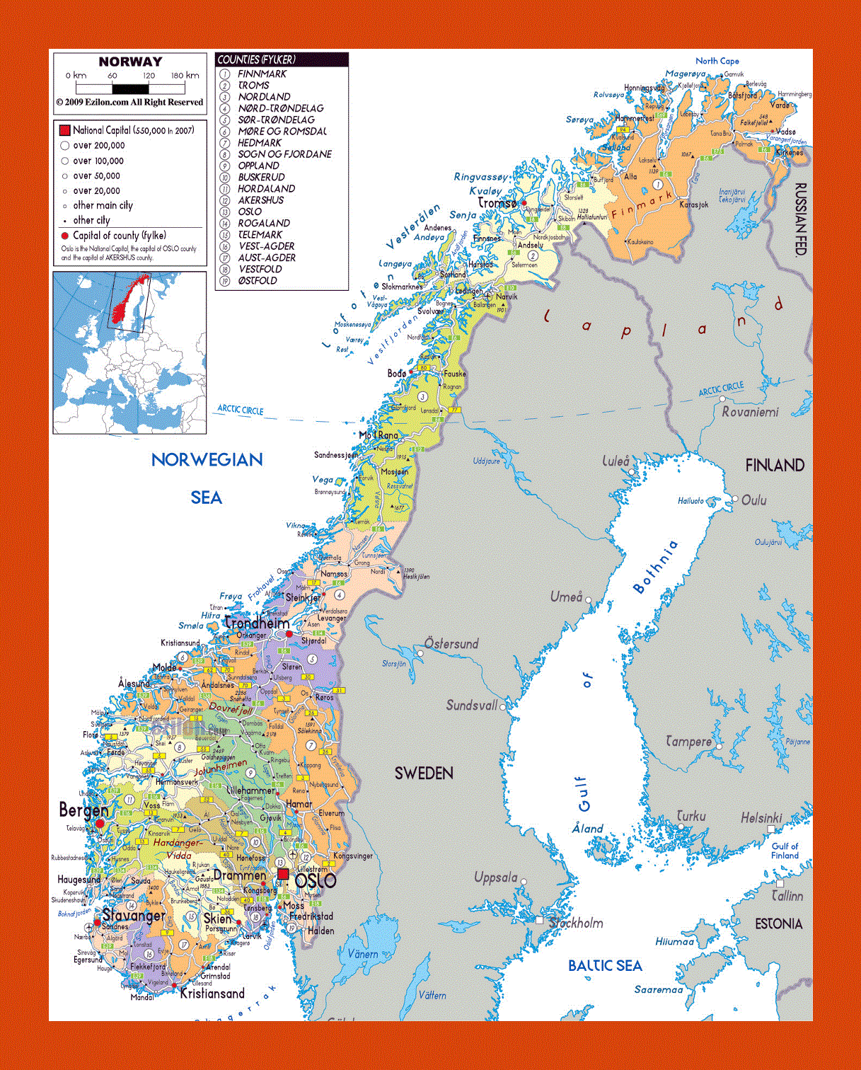 Political and administrative map of Norway