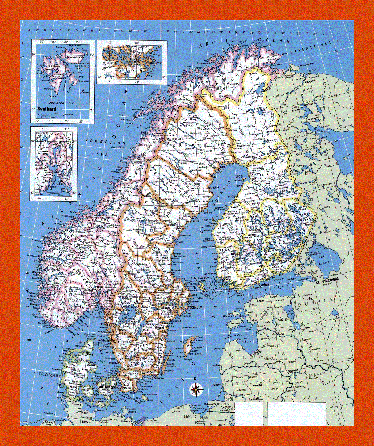 Political and administrative map of Norway, Sweden, Finland and Denmark