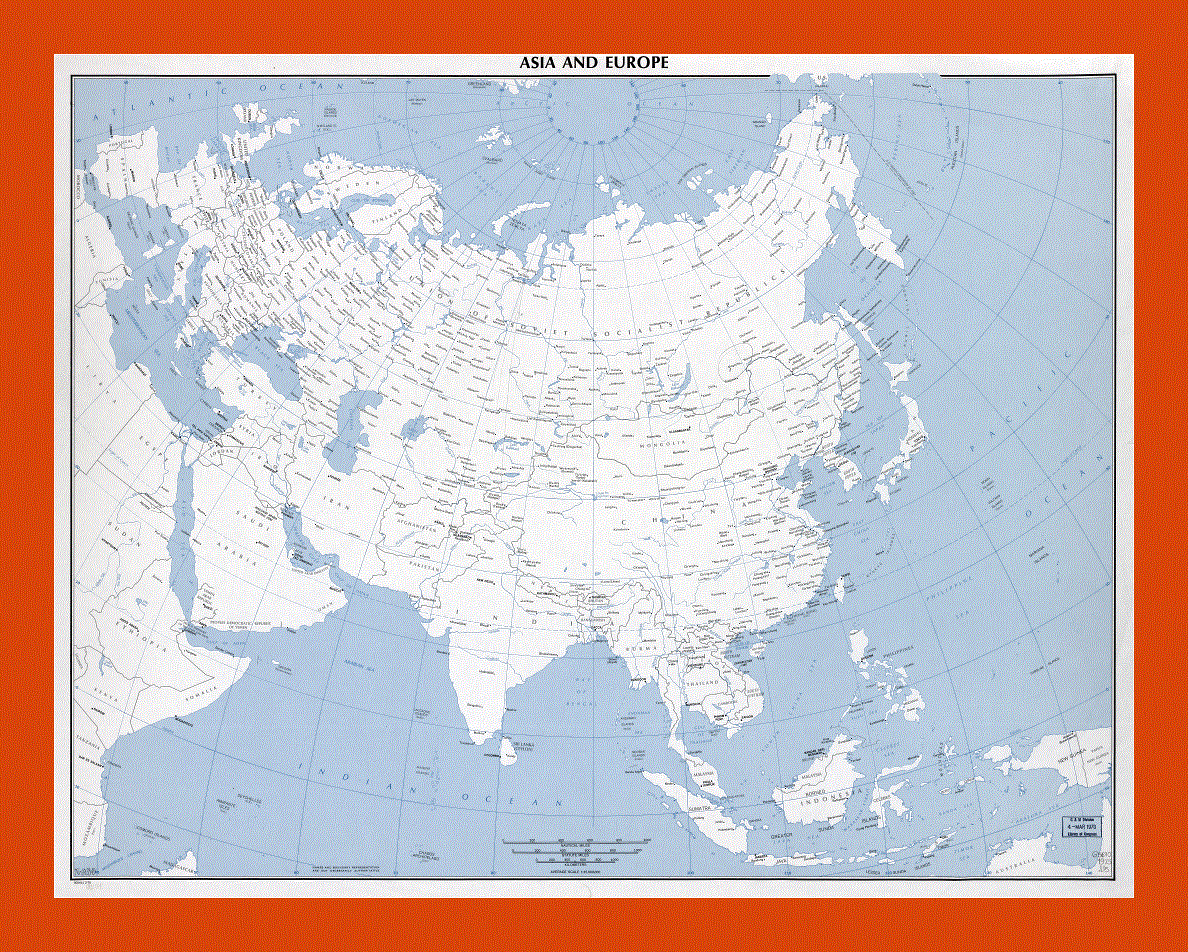 Old political map of Asia and Europe - 1975