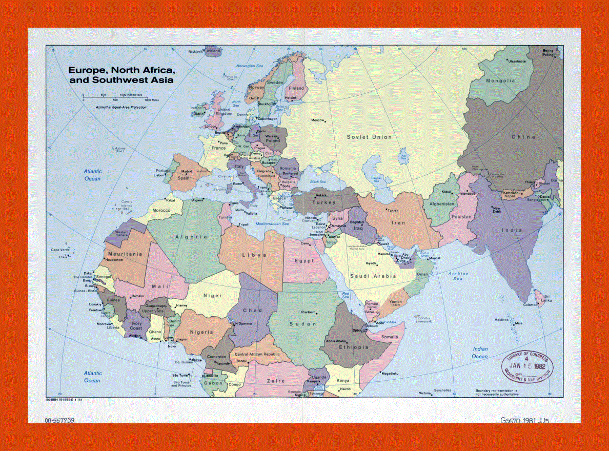 Old political map of Europe, North Africa and Southwest Asia - 1981