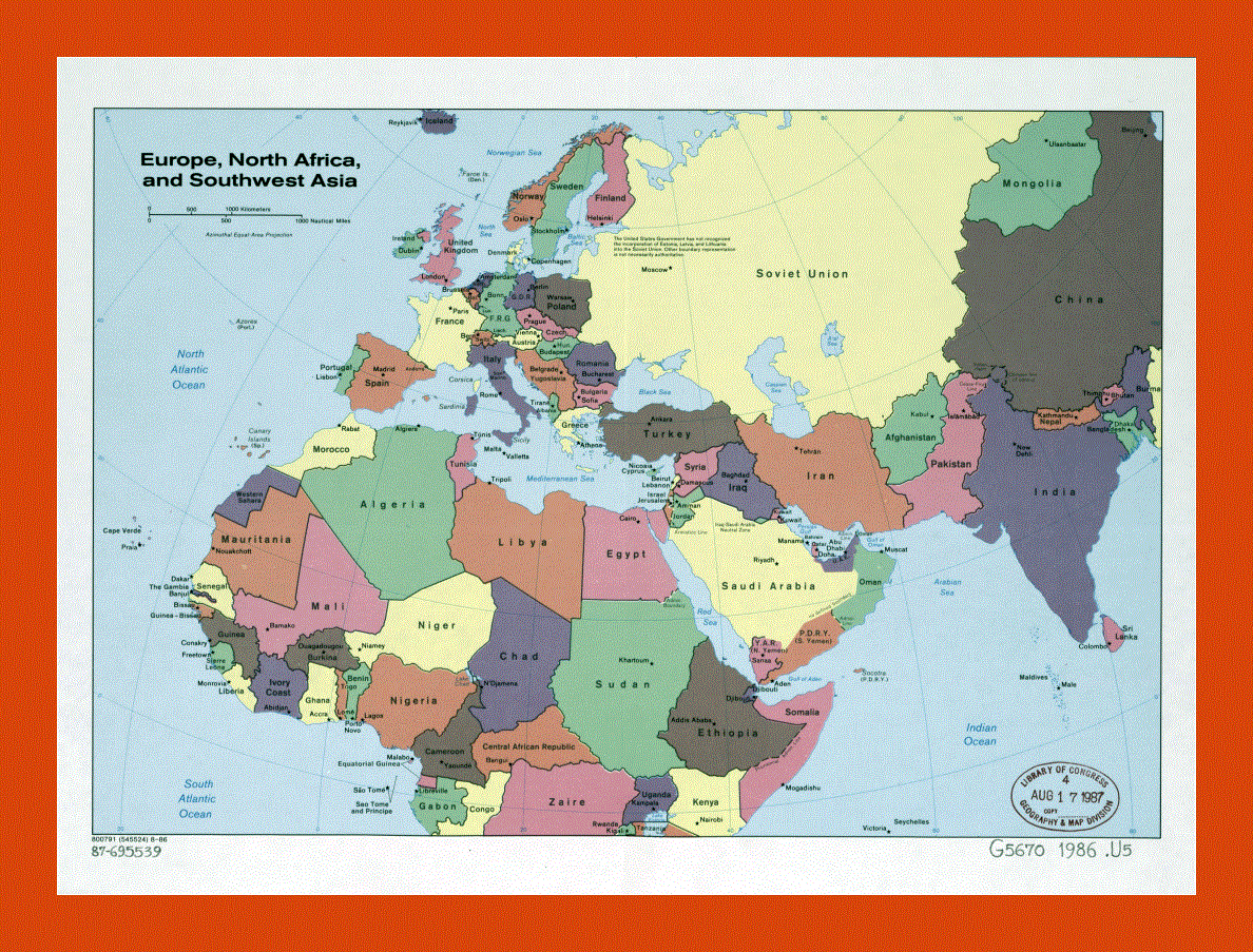 Old political map of Europe, North Africa and Southwest Asia - 1986