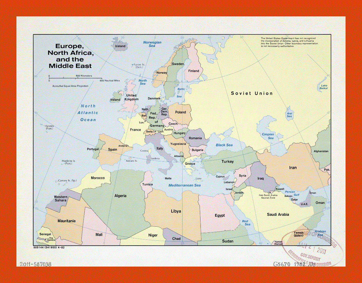 Old political map of Europe, North Africa and the Middle East - 1982