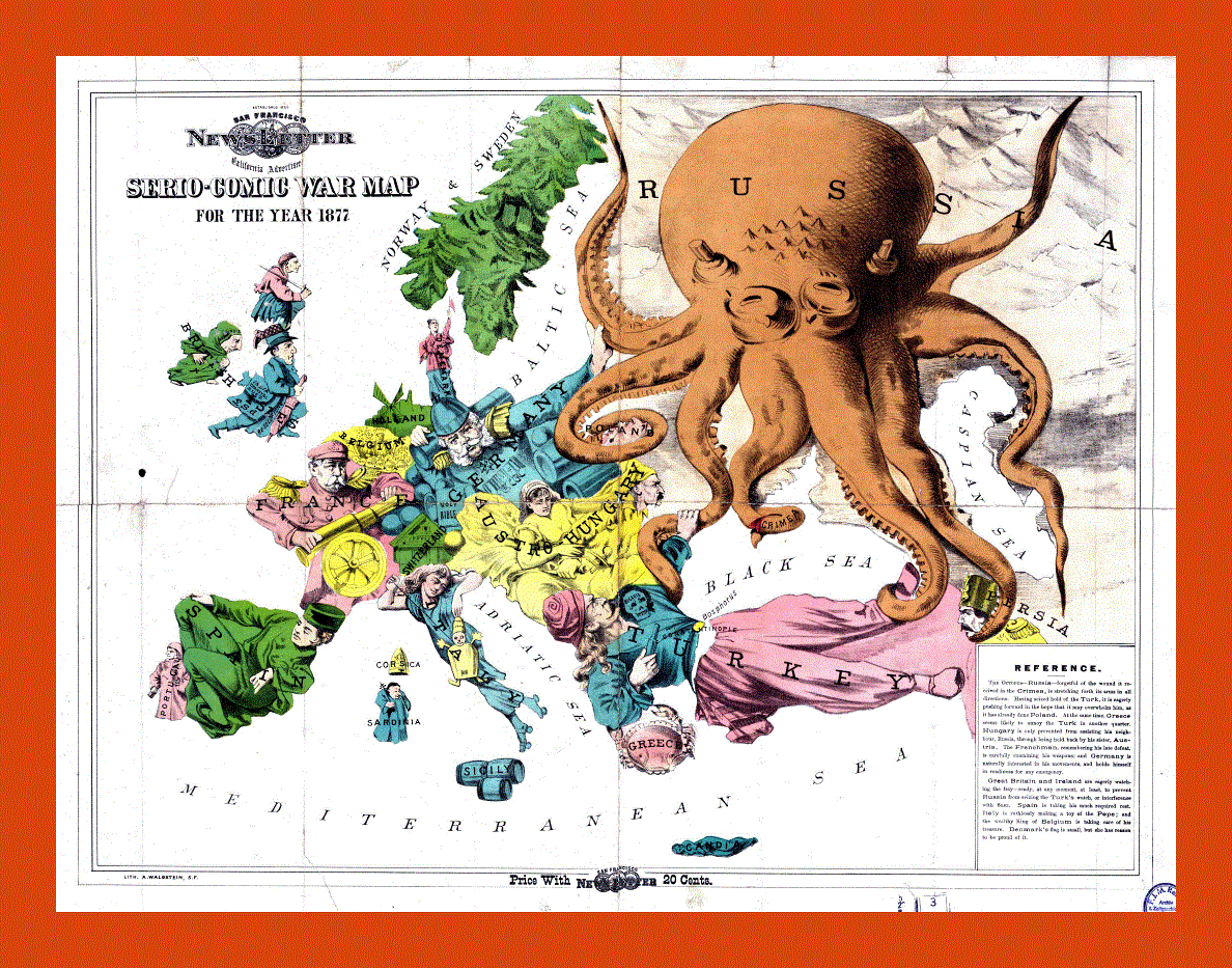 Old serio comic war map of Europe - 1877