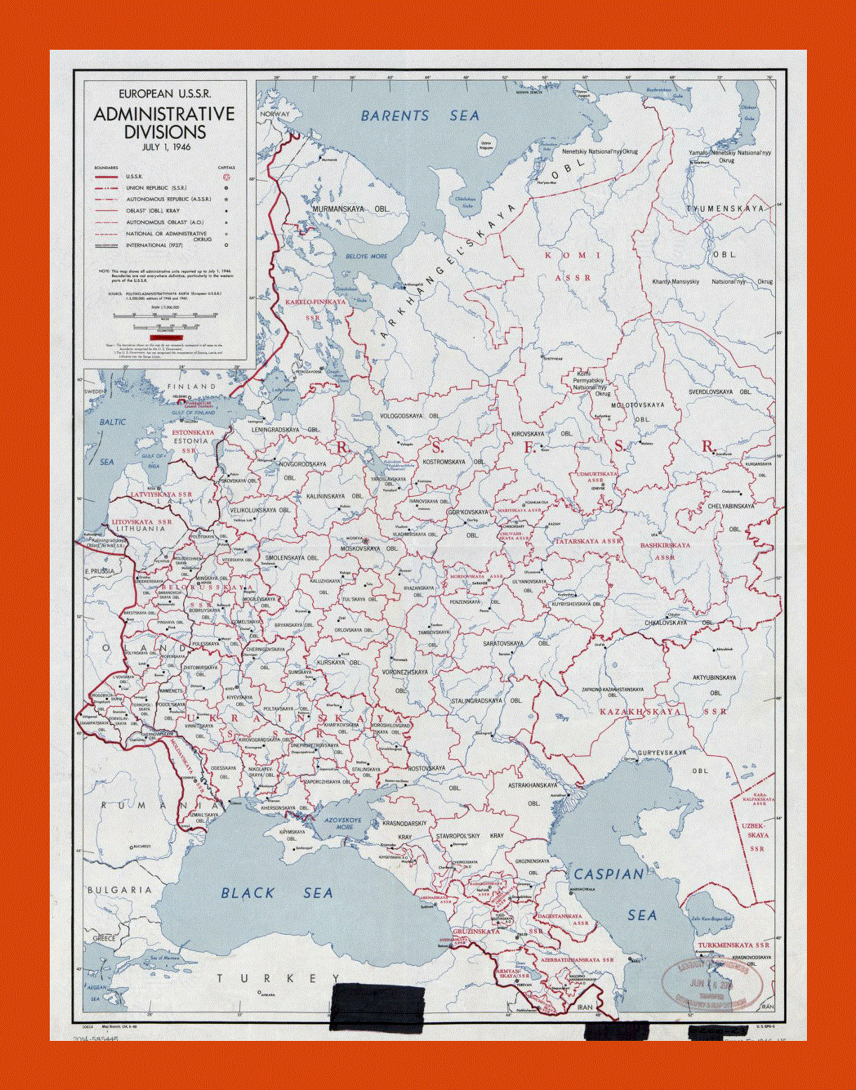 Old administrative divisions map of European U.S.S.R. - 1946