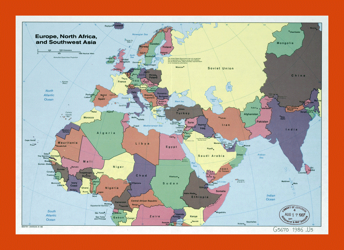 Political map of Europe, North Africa and Southwest Asia - 1986