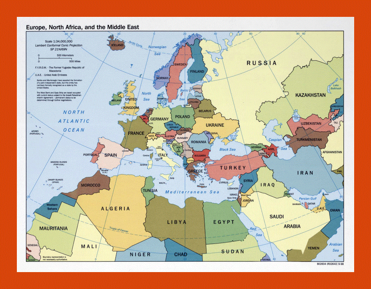 Political map of Europe, North Africa and the Middle East - 1998
