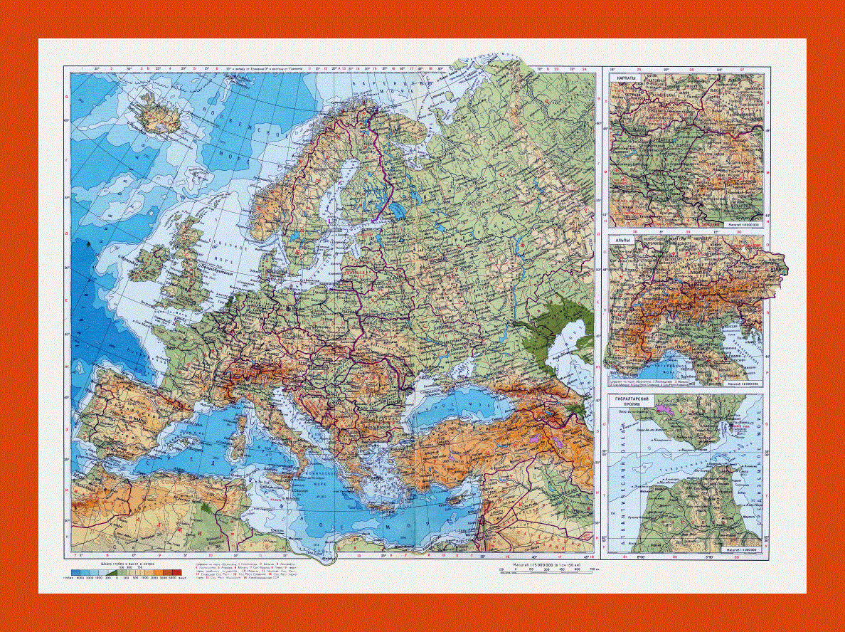 Physical map of Europe in russian