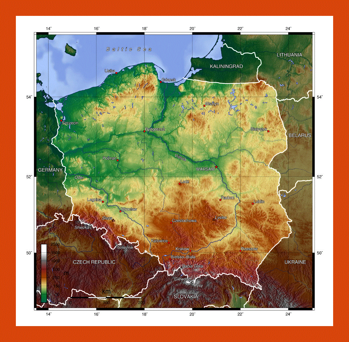 Physical map of Poland