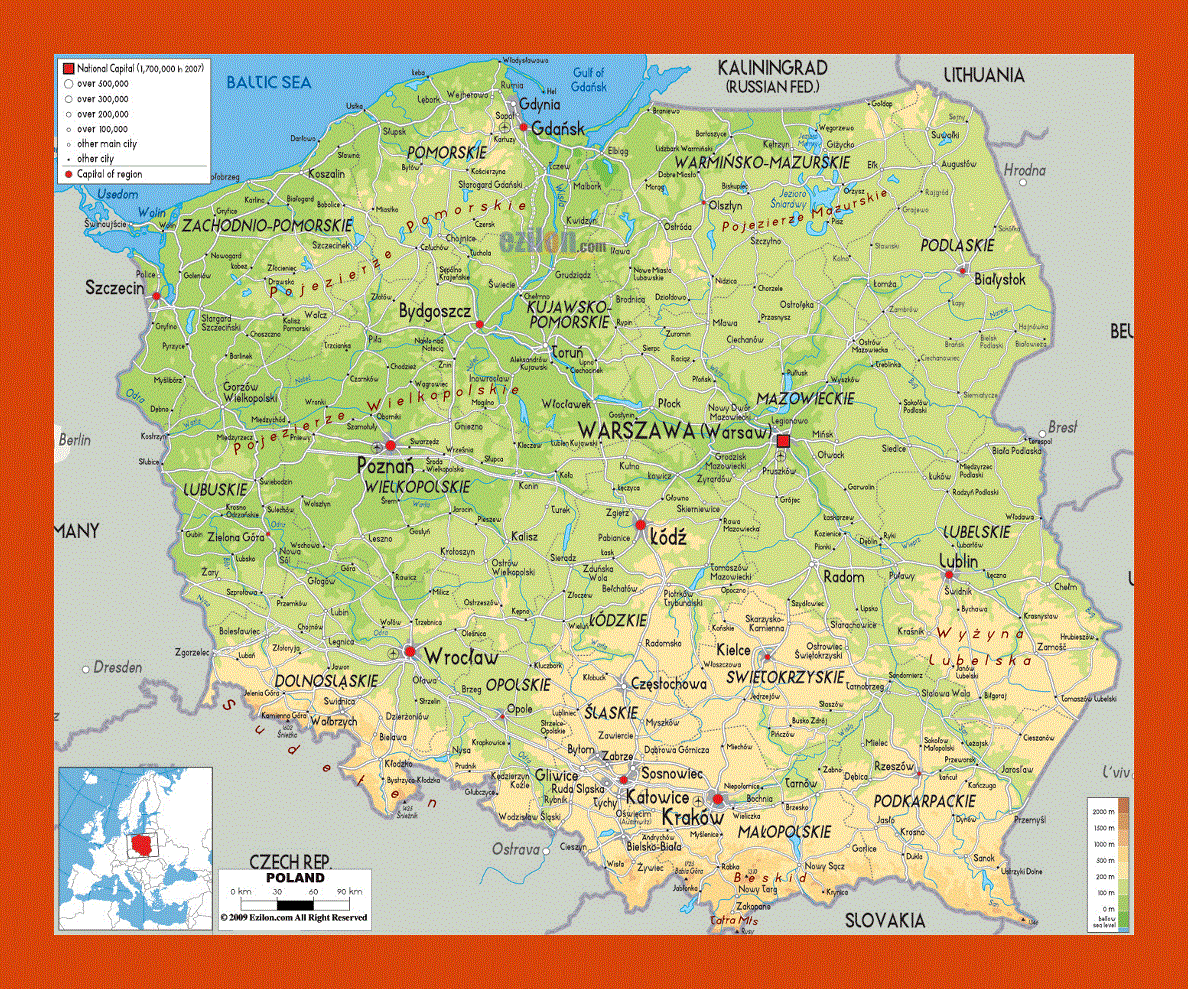 Physical map of Poland