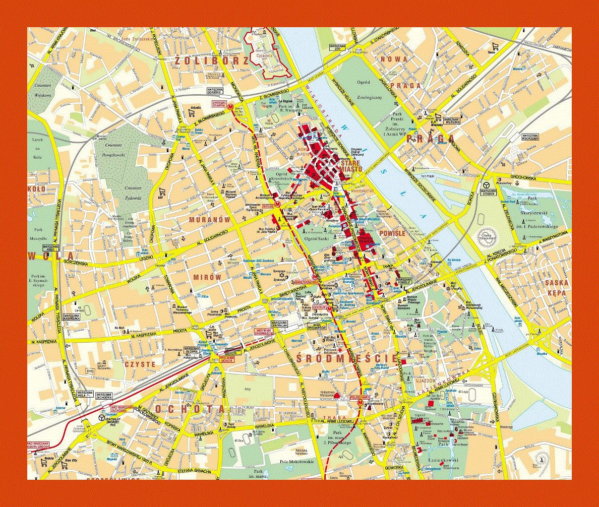 Map of central part of Warsaw city
