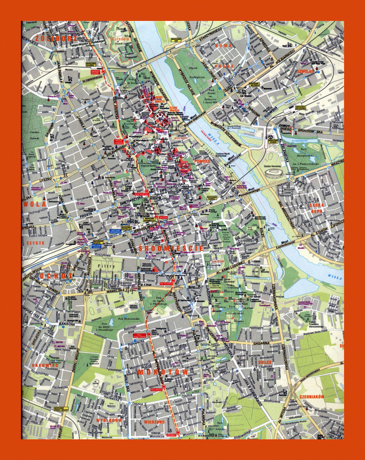 Road and tourist map of Warsaw city center