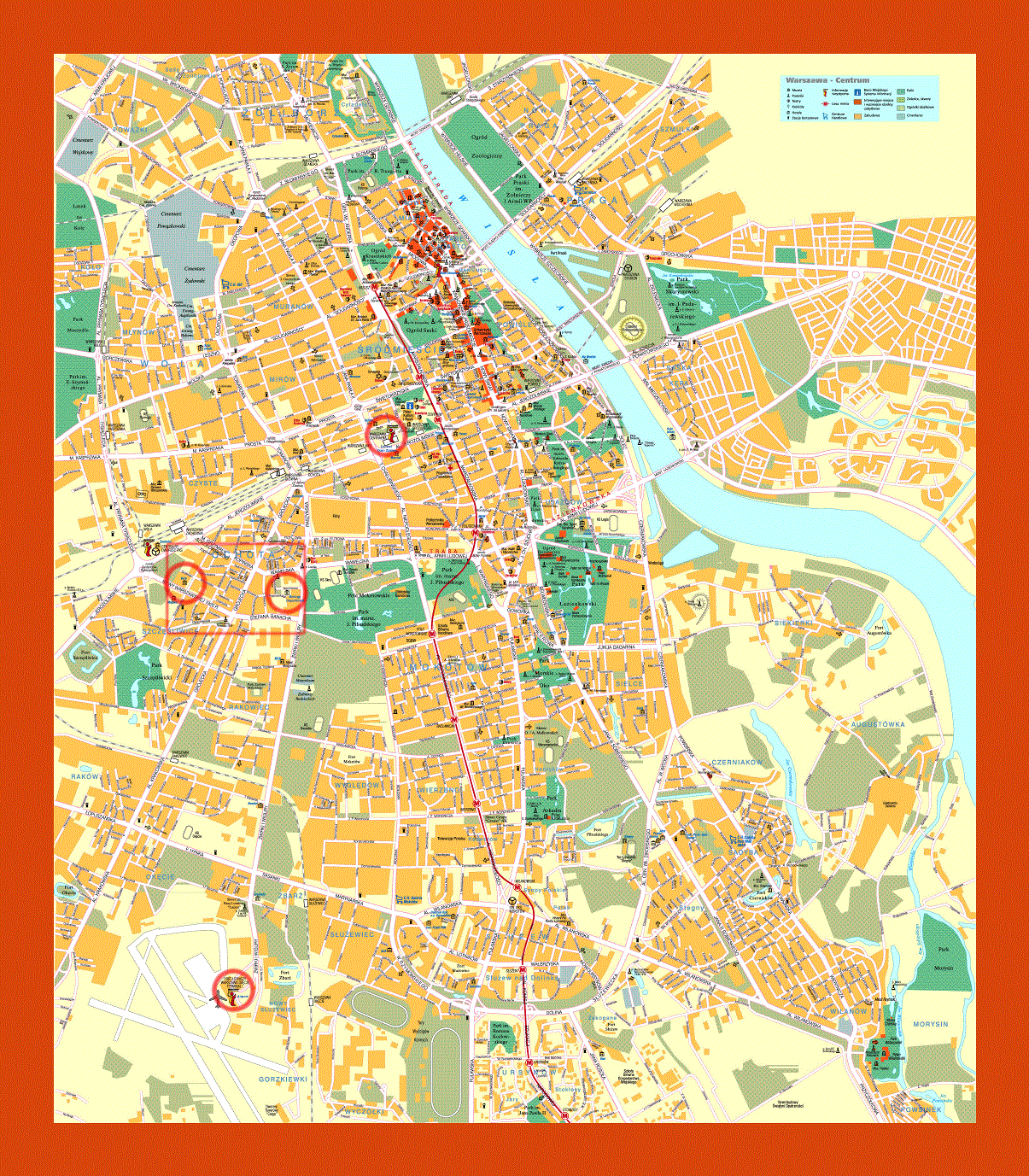 Road and tourist map of Warsaw city center