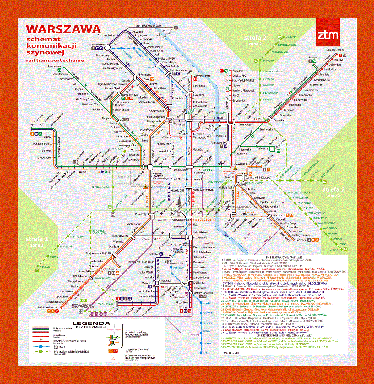 Tram communication map of Warsaw city