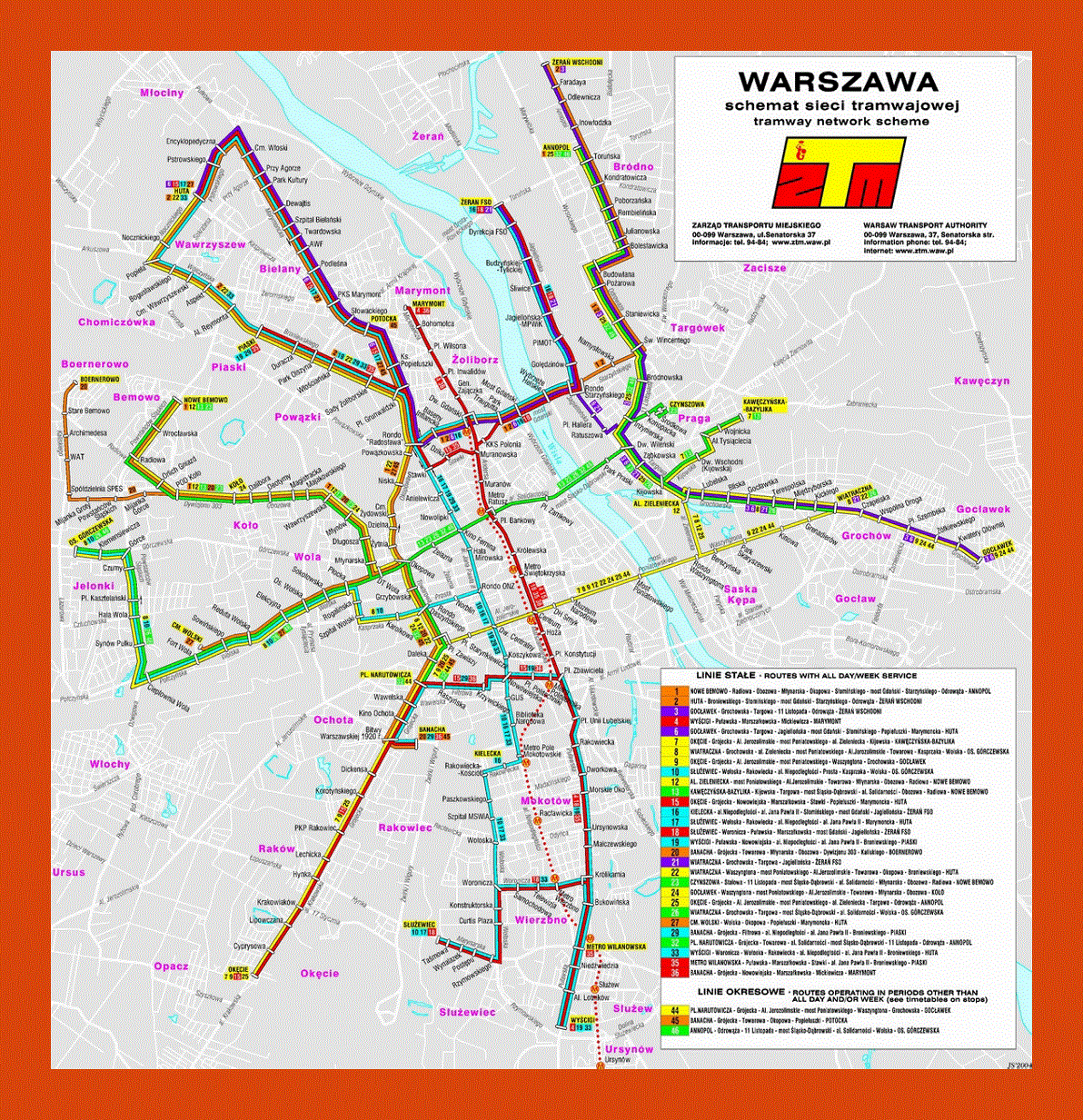 Tram communication map of Warsaw city