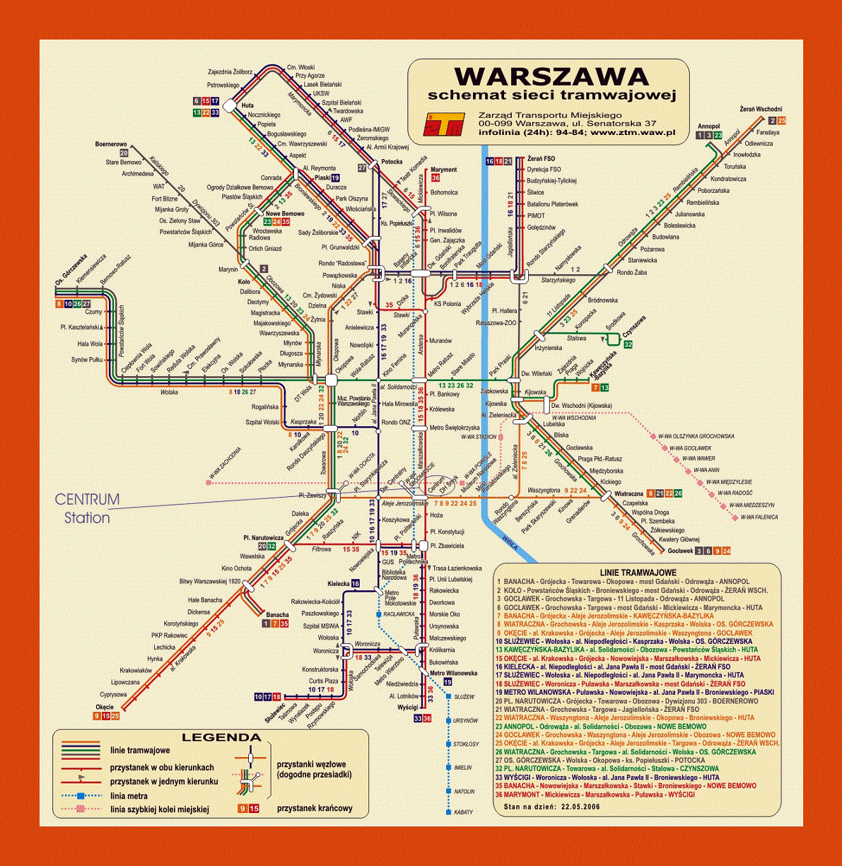 Tram map of Warsaw city