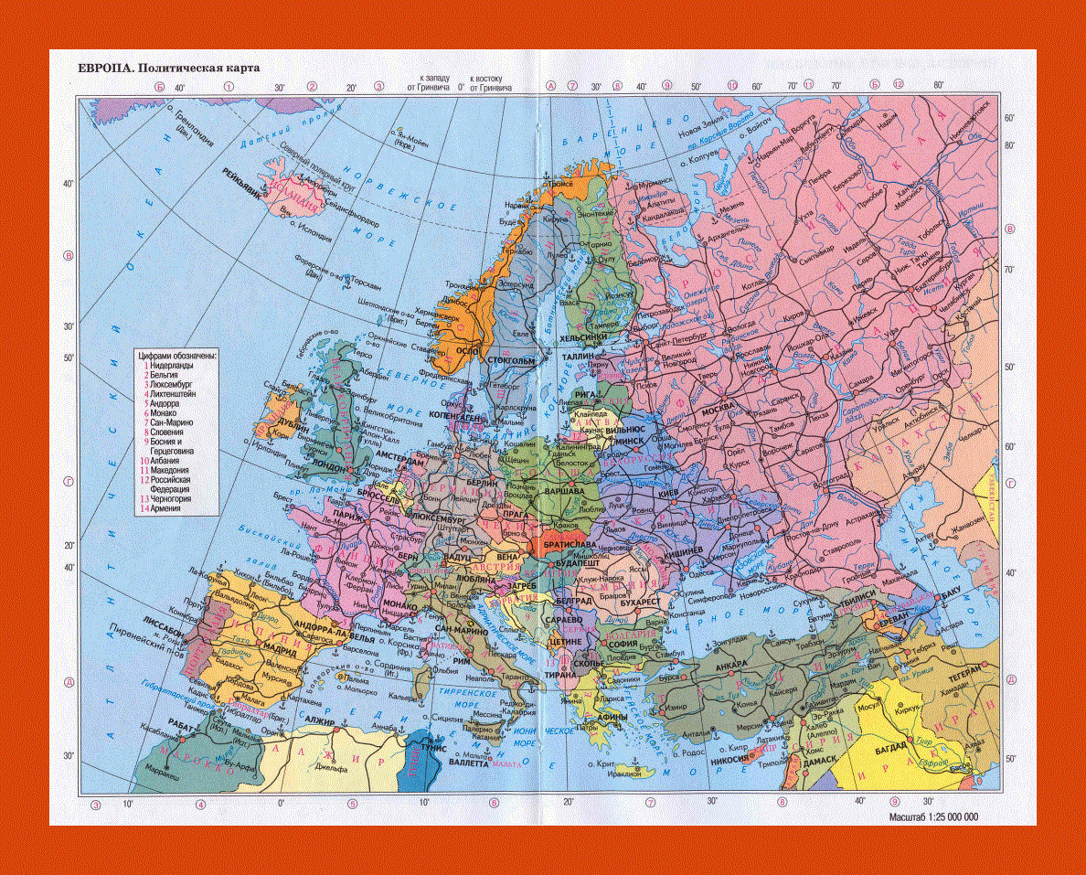 Political map of Europe in russian