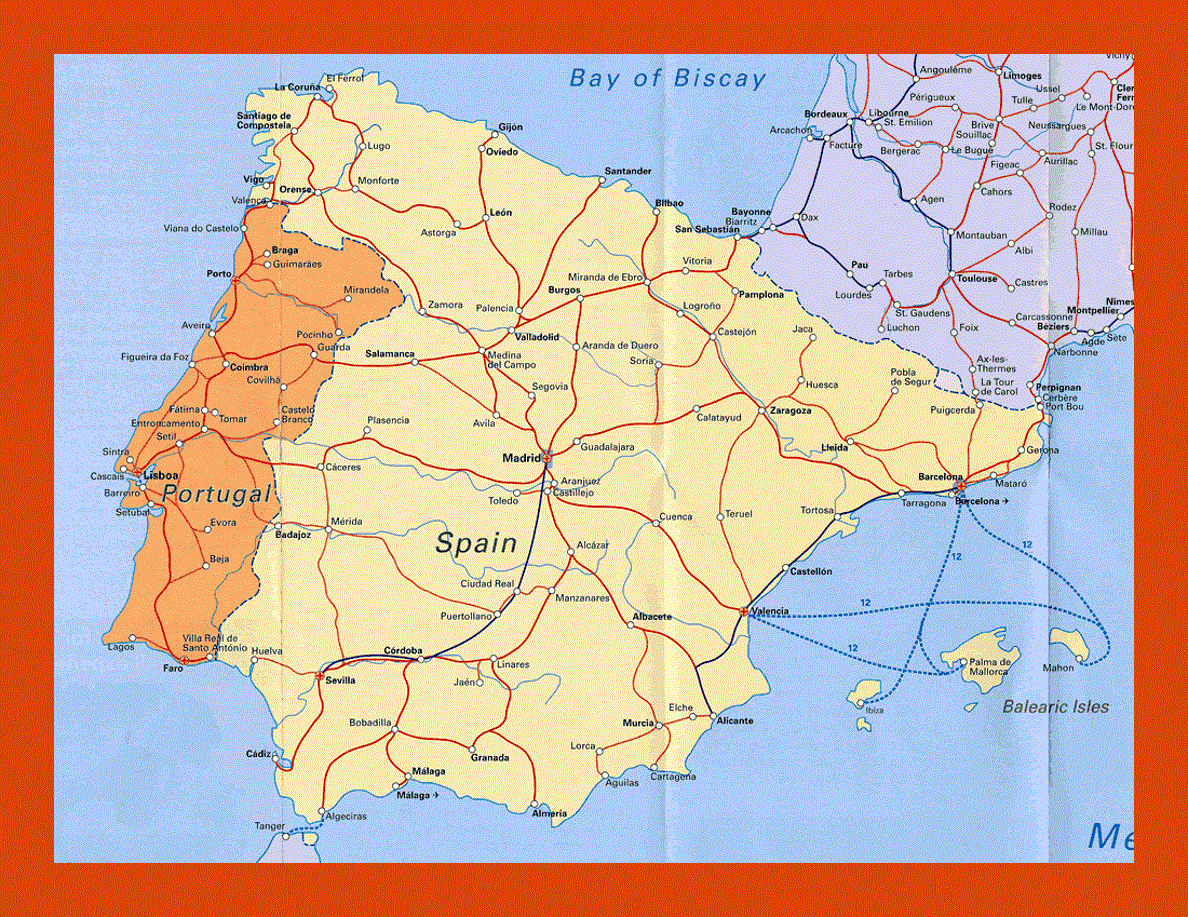 Highways map of Portugal and Spain