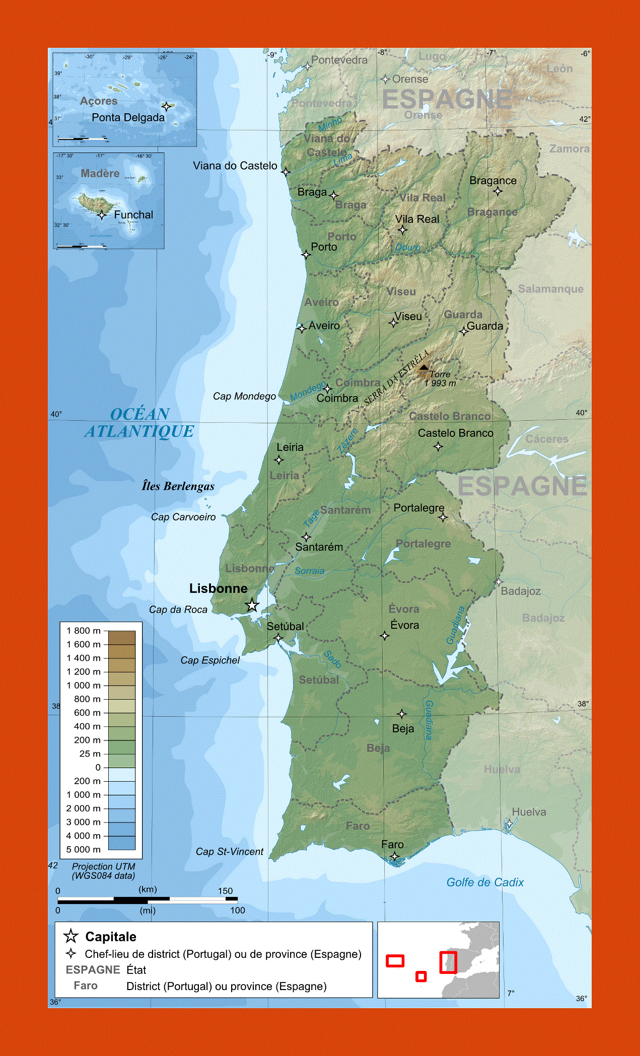 Physical map of Portugal