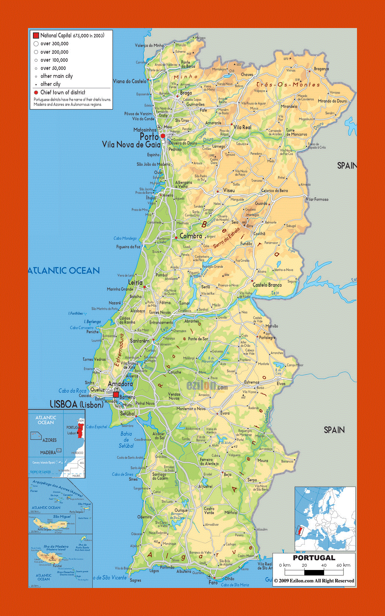 Physical map of Portugal