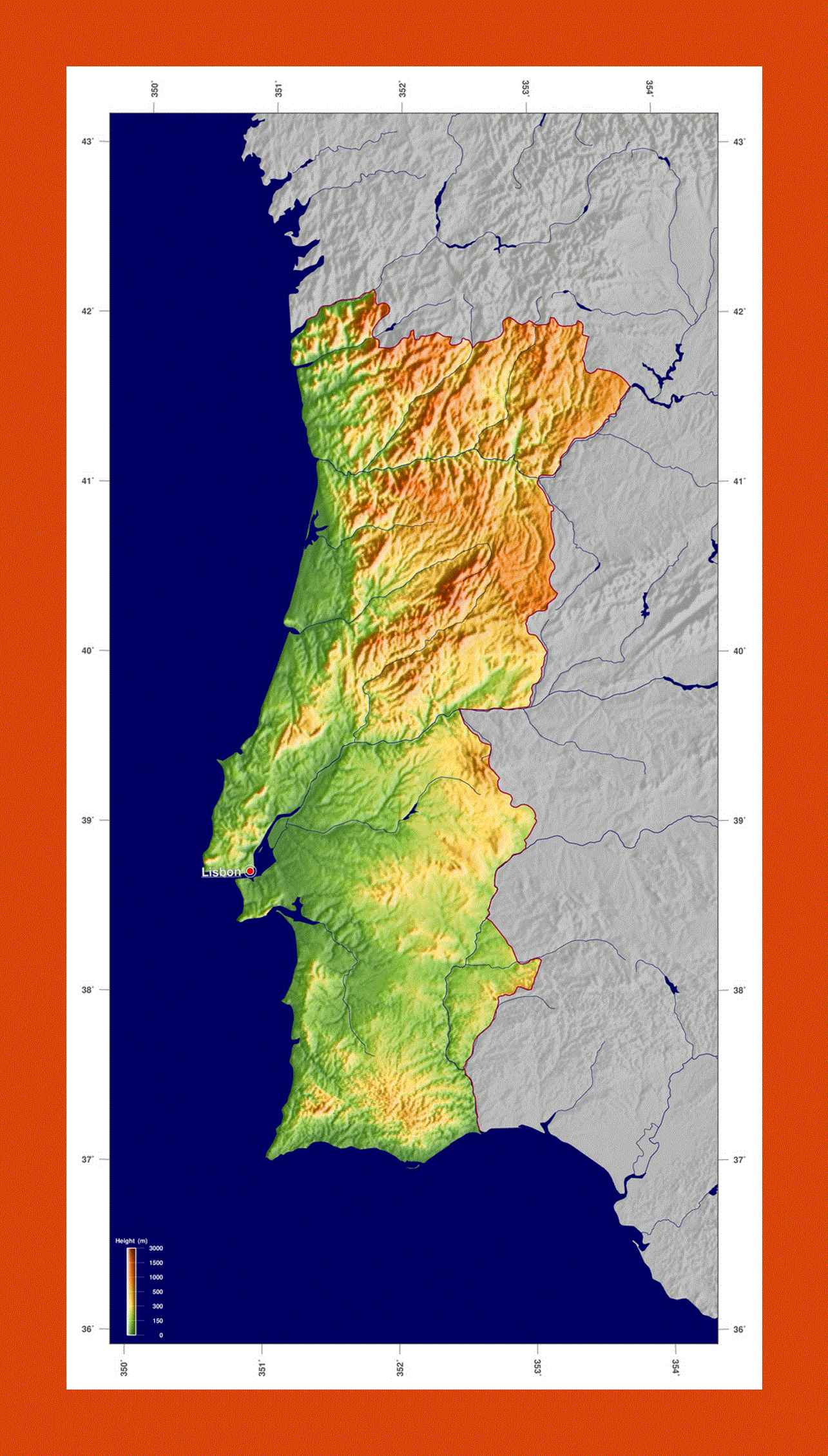 Physical map of Portugal