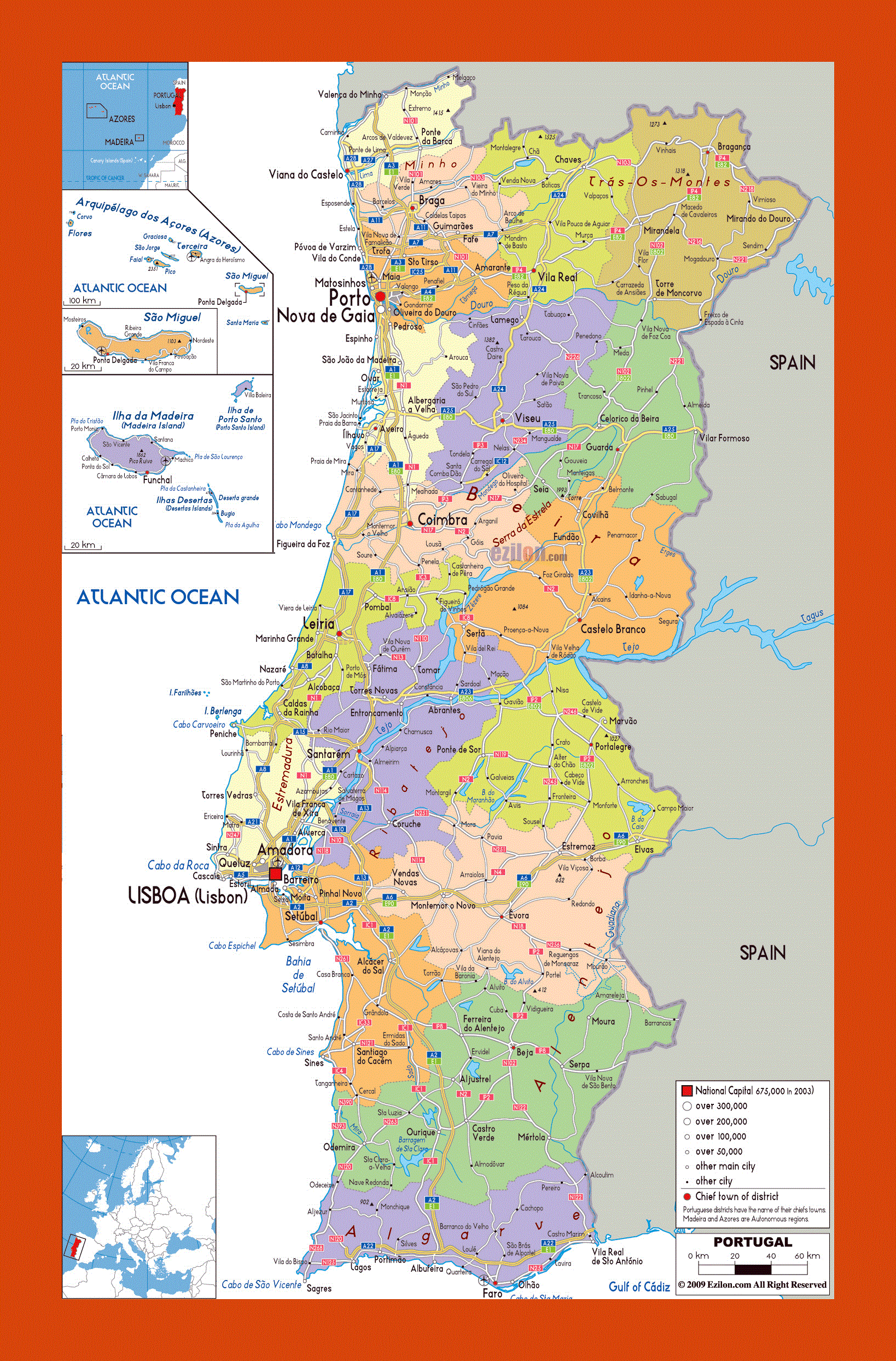 Large political and administrative map of Portugal with major cities, Portugal, Europe, Mapsland
