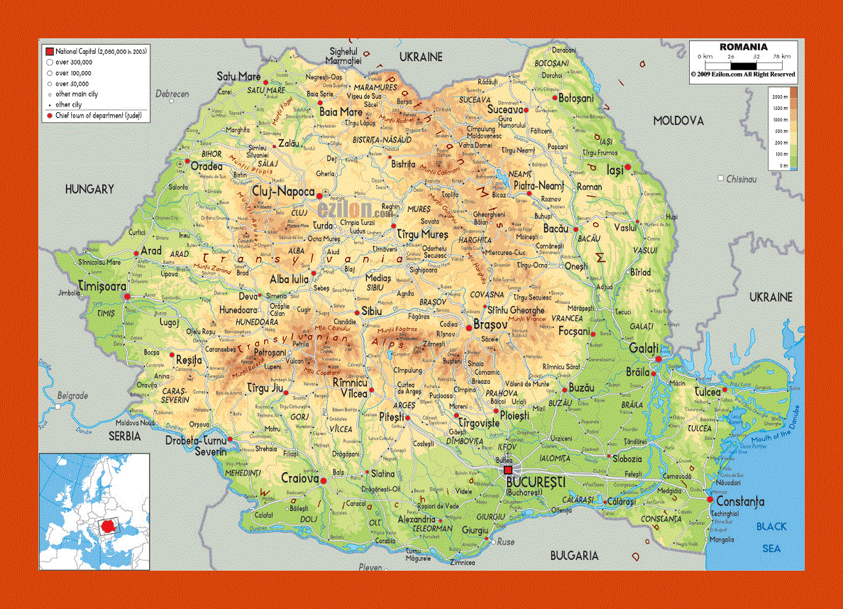 Physical map of Romania