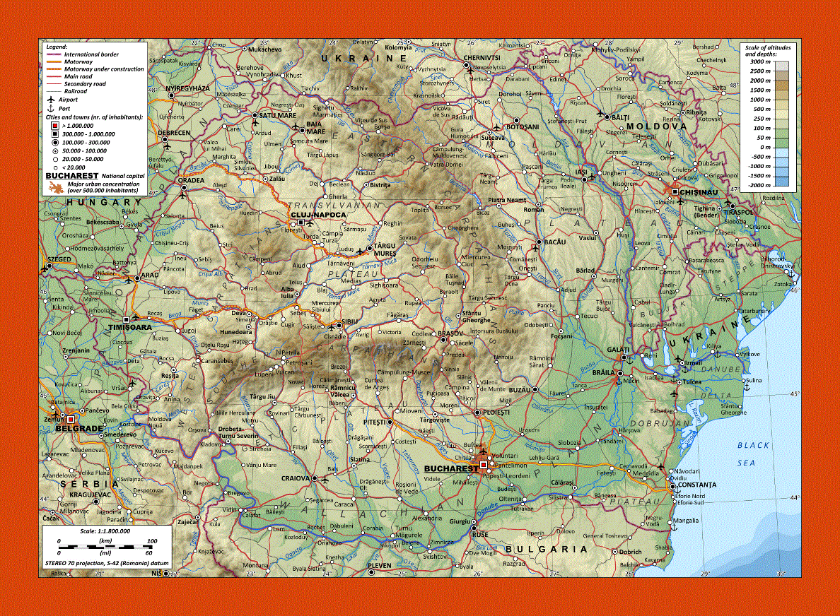 Physical map of Romania