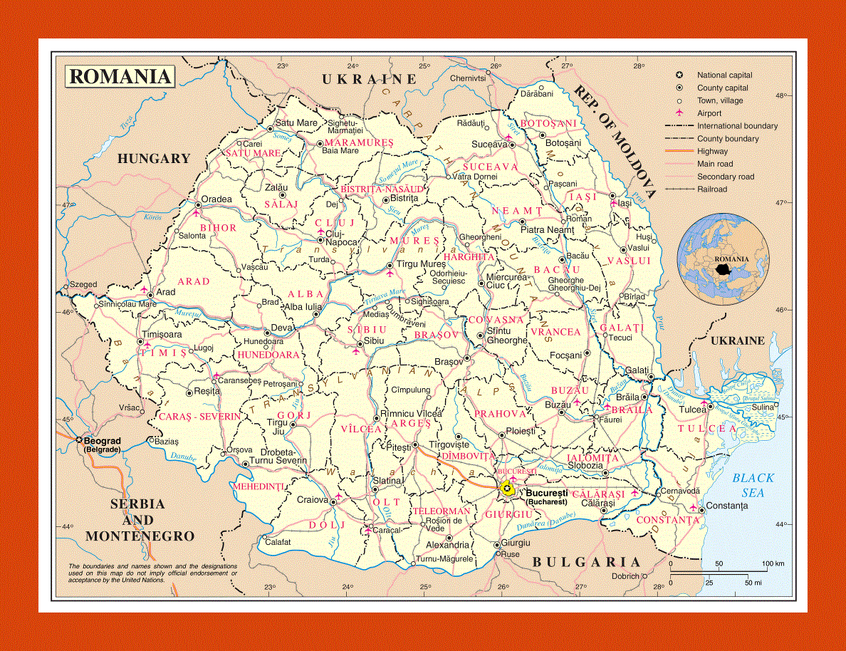 Political and administrative map of Romania