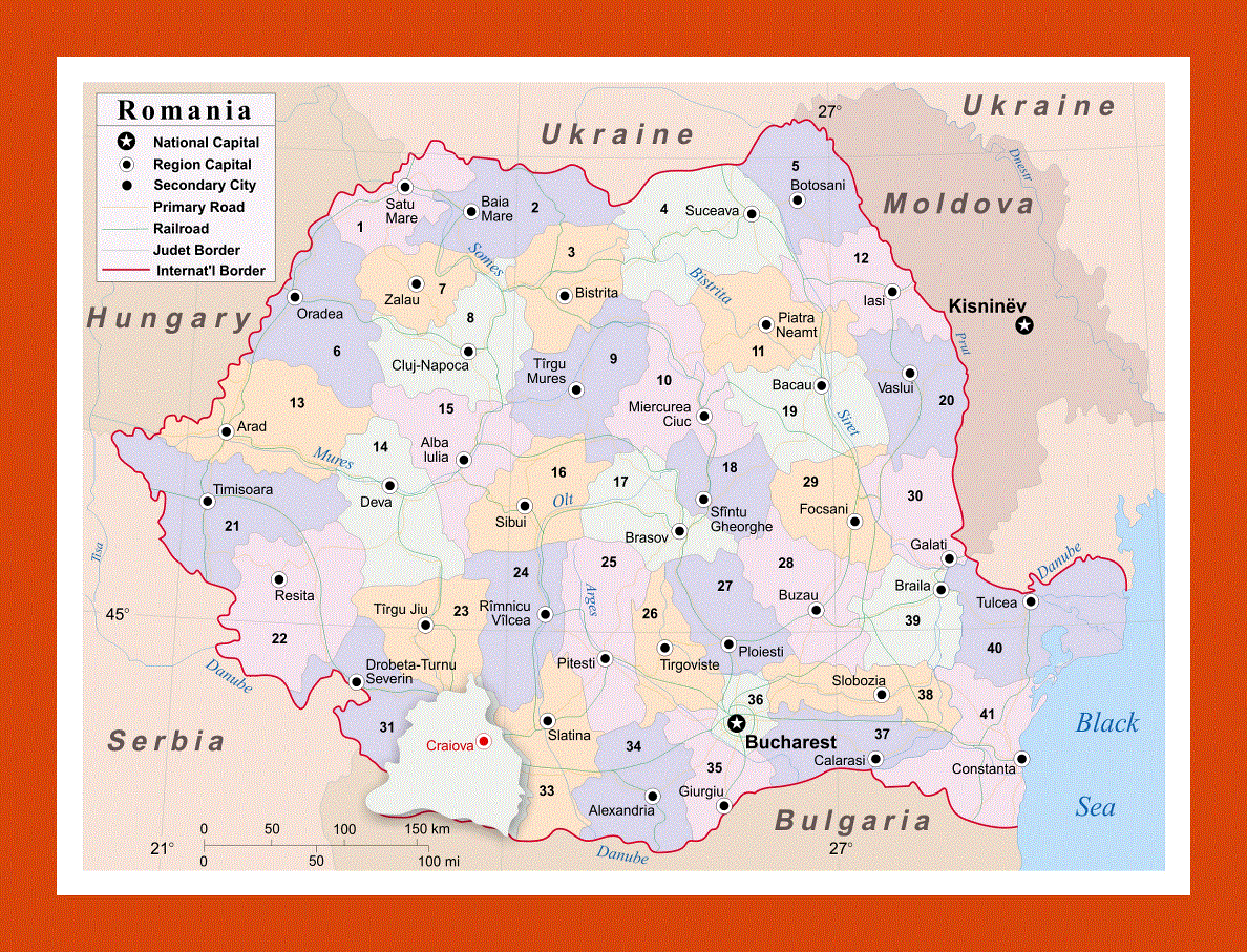 Political and administrative map of Romania