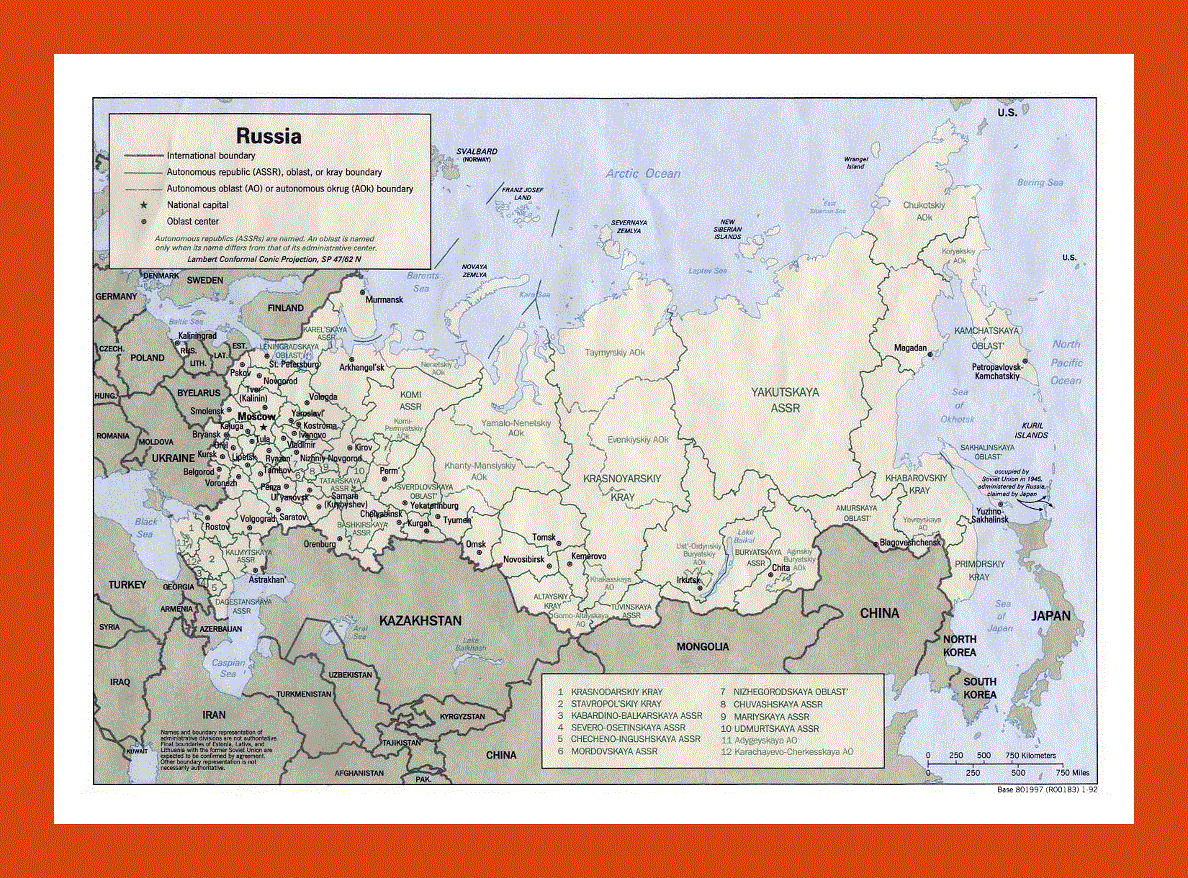 Administrative divisions map of Russia - 1992
