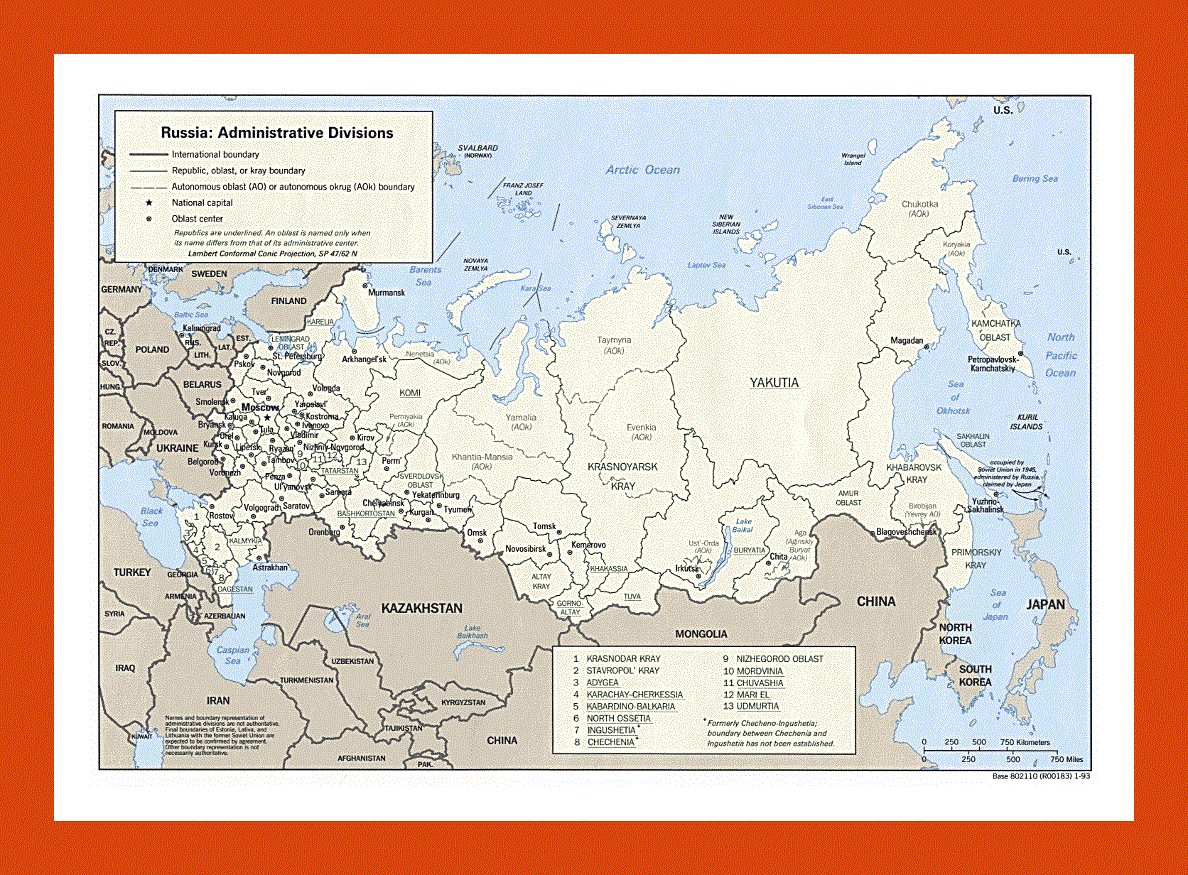 Administrative divisions map of Russia - 1993