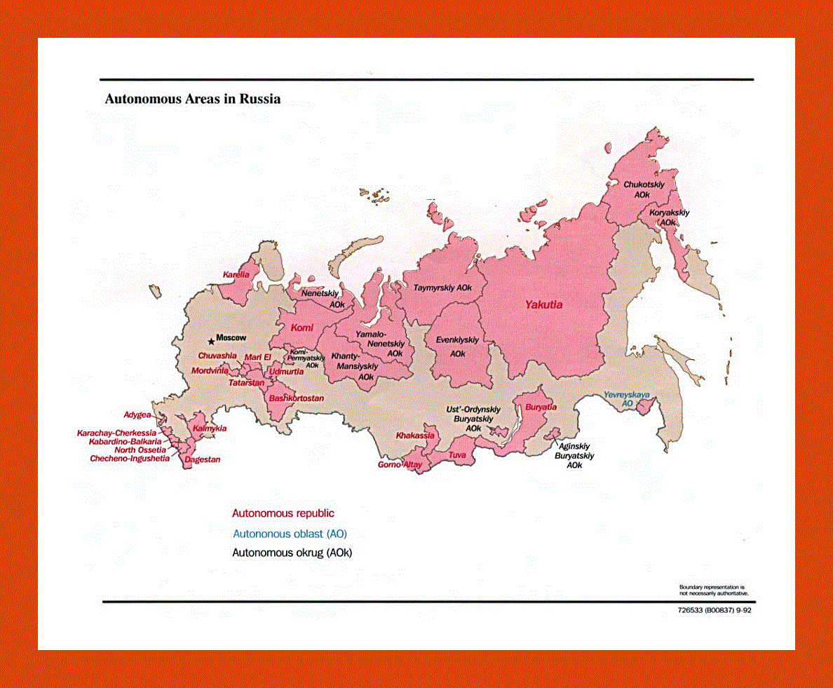 Map of Autonomous Areas in Russia - 1992