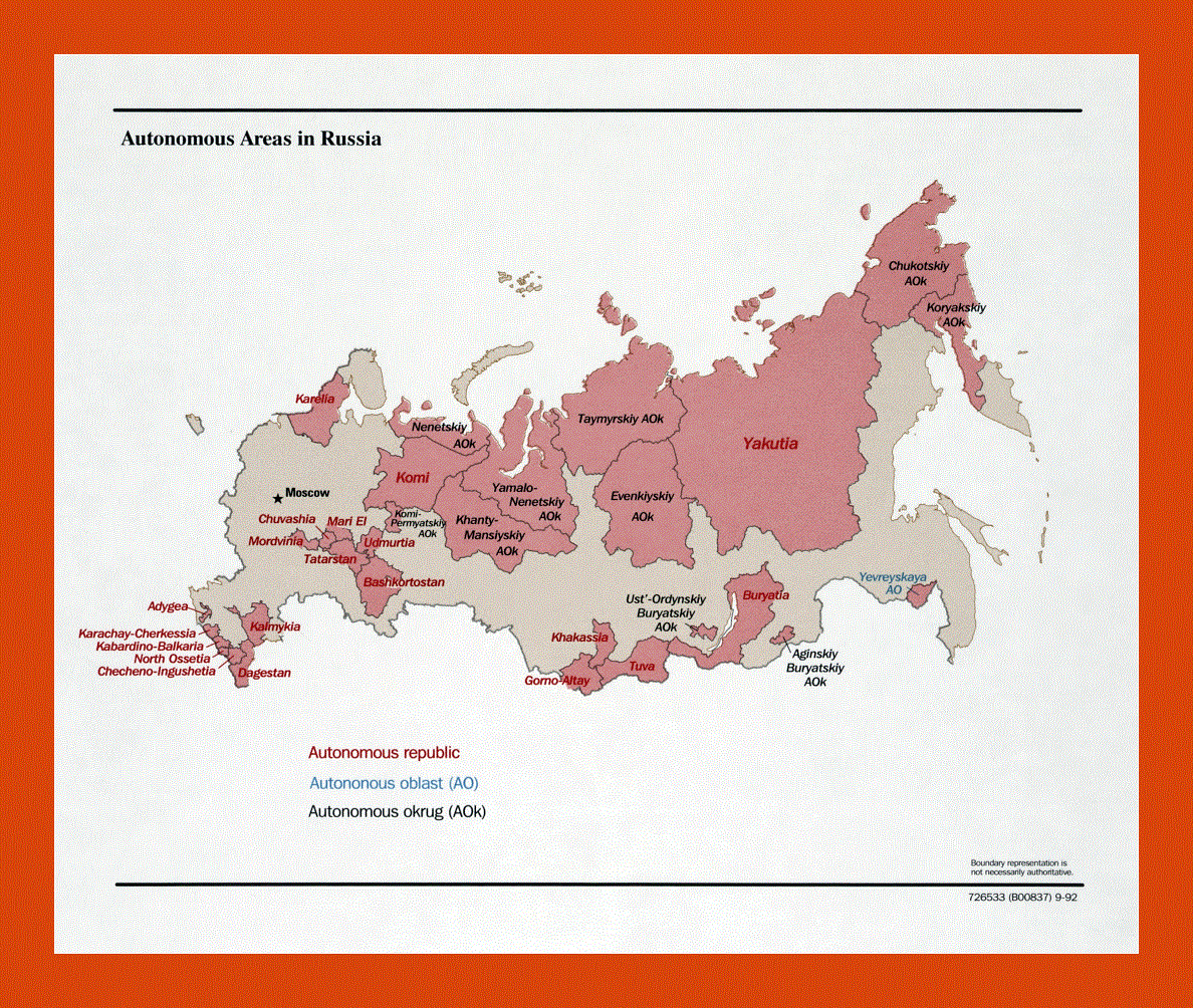 Map of Autonomous Areas of Russia - 1992