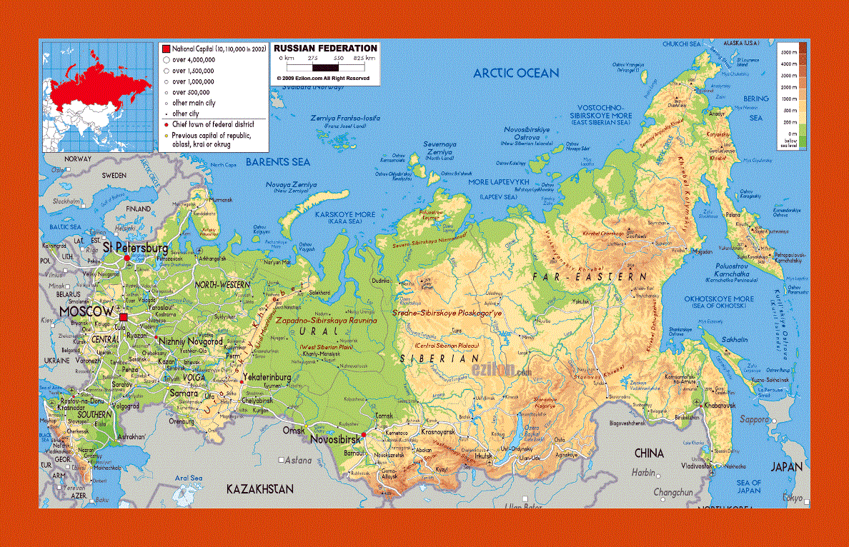 Physical map of Russia