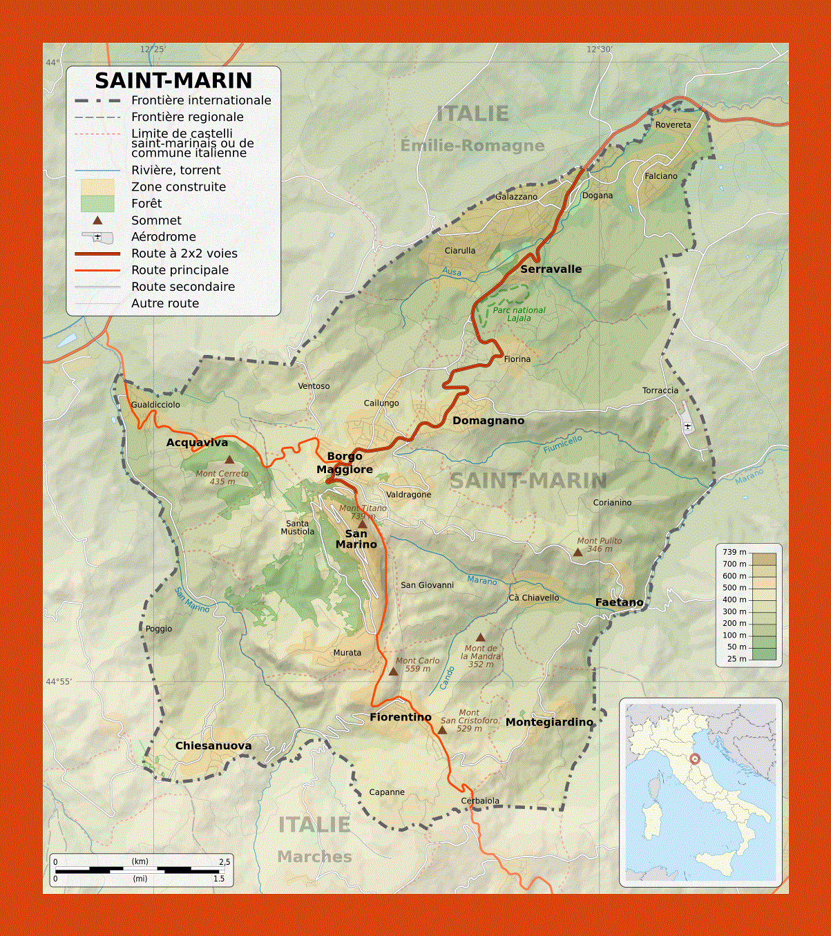 Physical map of San Marino in french