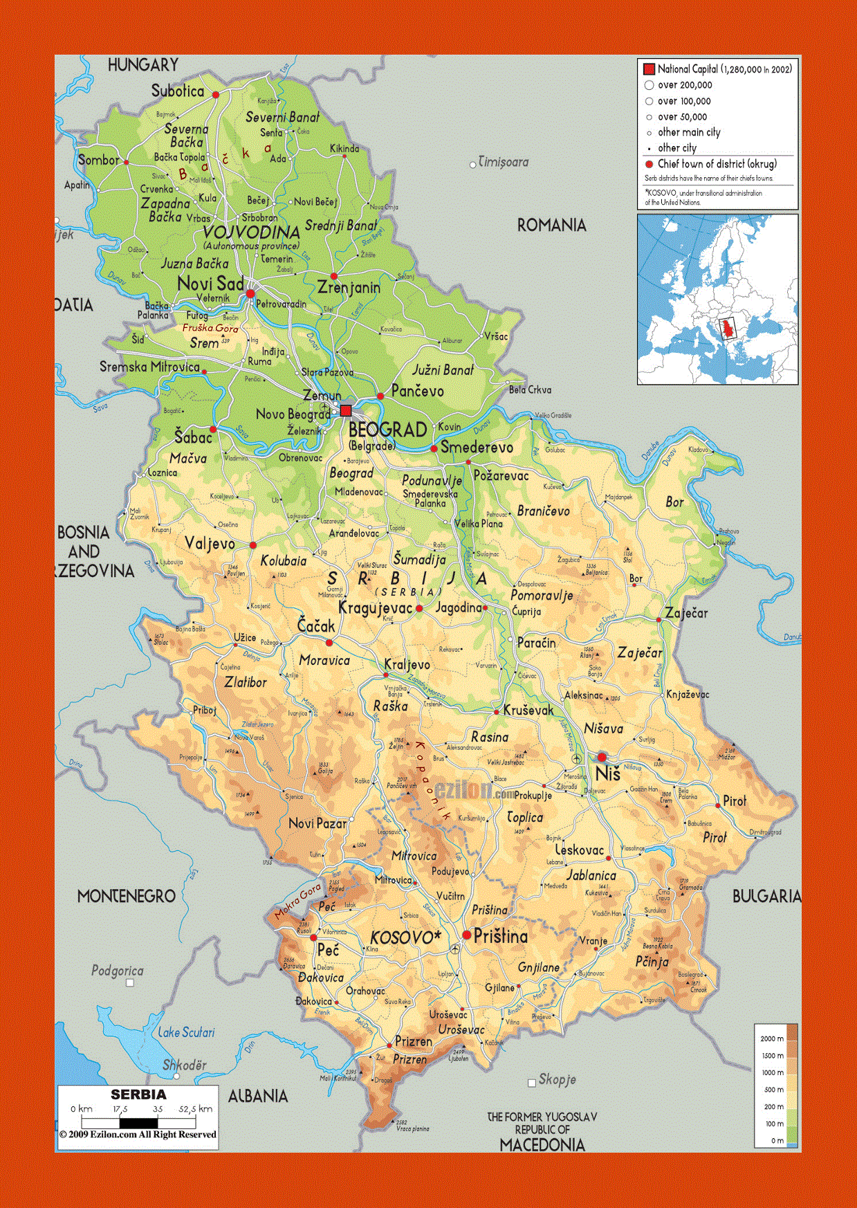 Physical map of Serbia