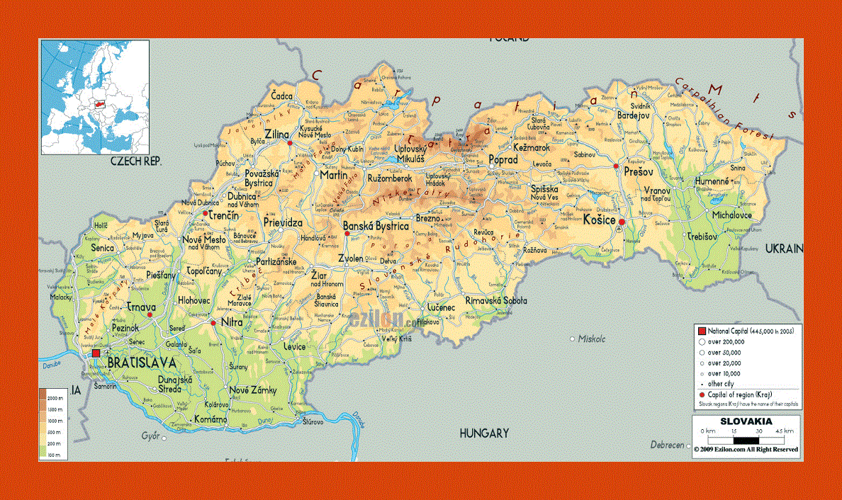 Physical map of Slovakia