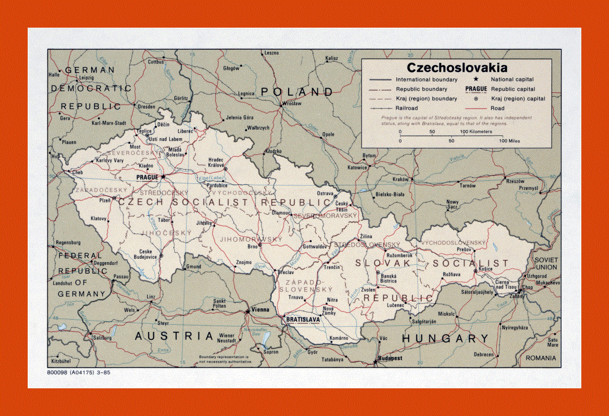 Political and administrative map of Czechoslovakia - 1985