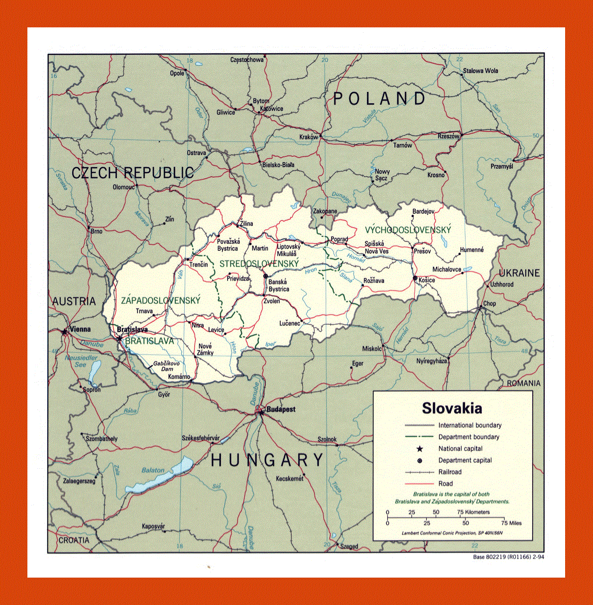 Political and administrative map of Slovakia - 1994