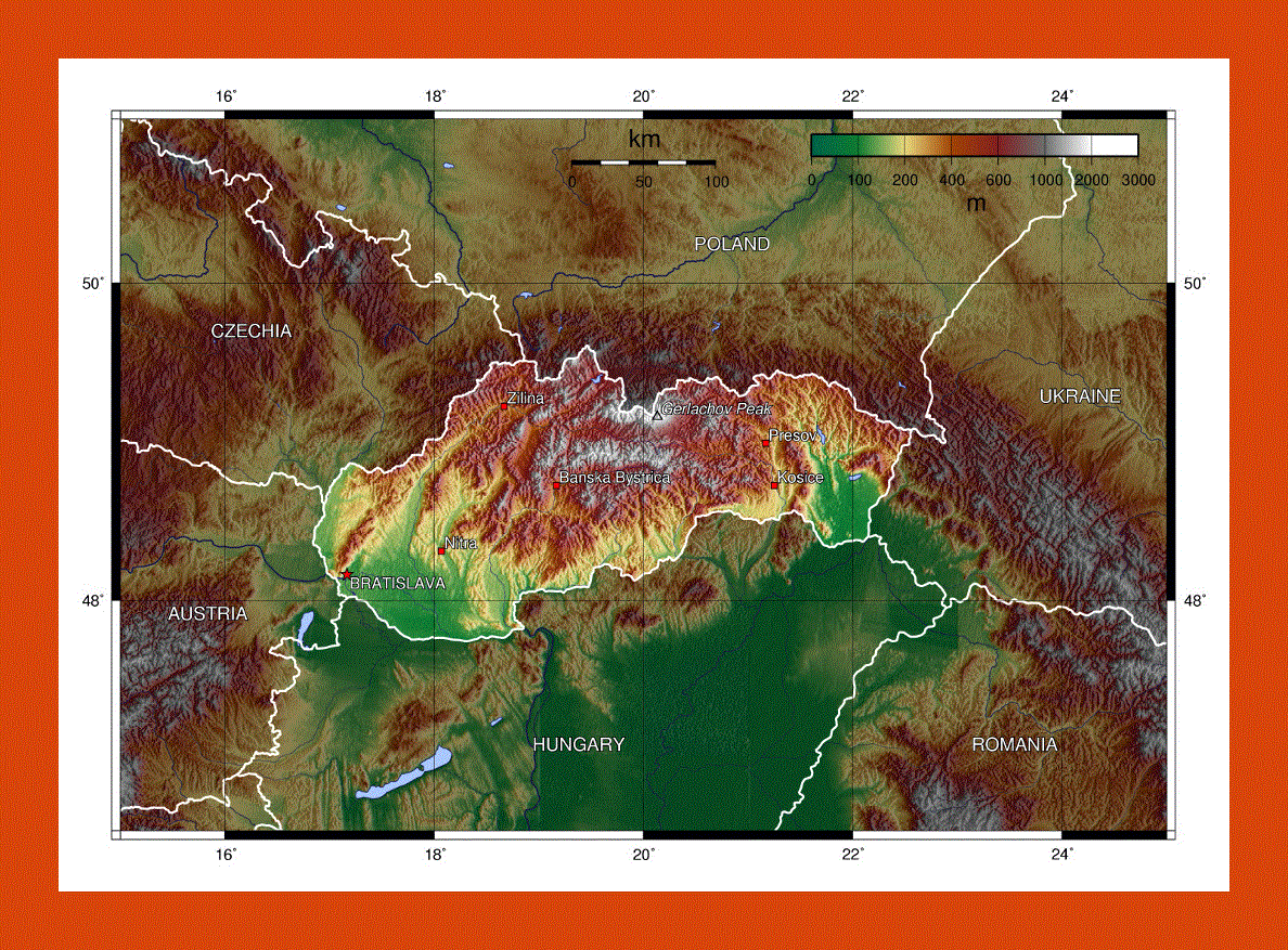 Topographical map of Slovakia and neighboring countries