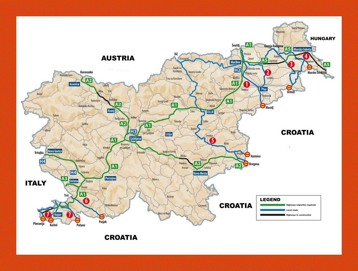 International corridors, highways and local roads map of Slovenia