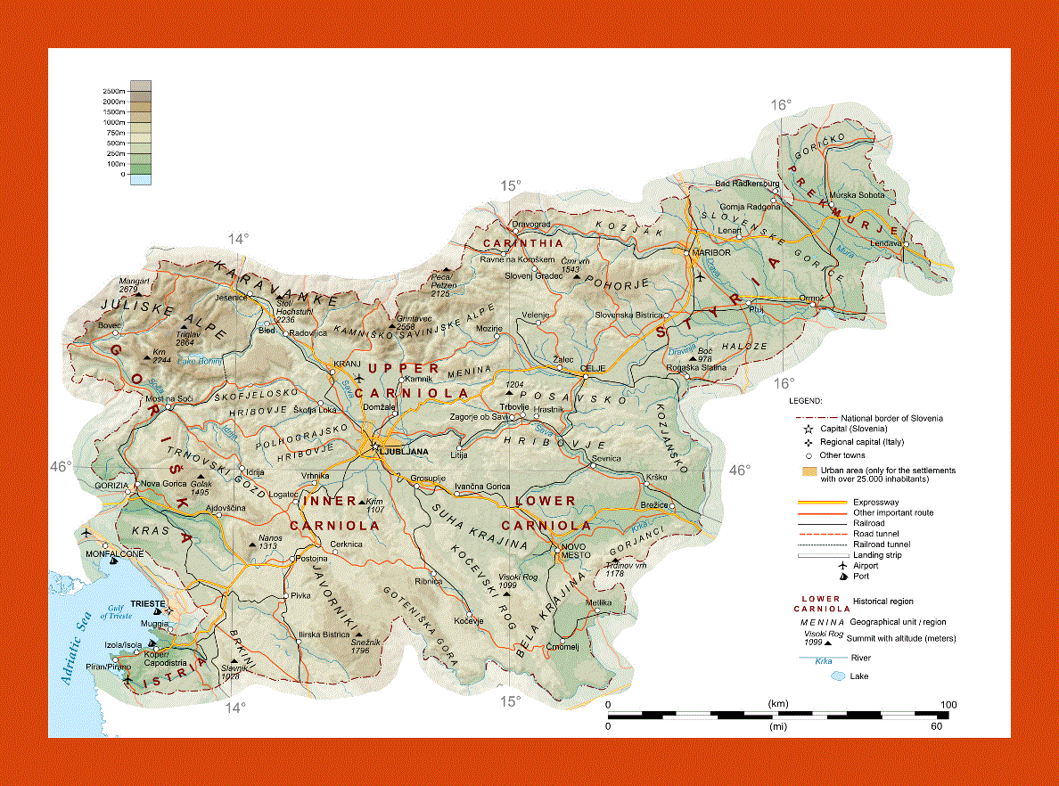 Physical map of Slovenia